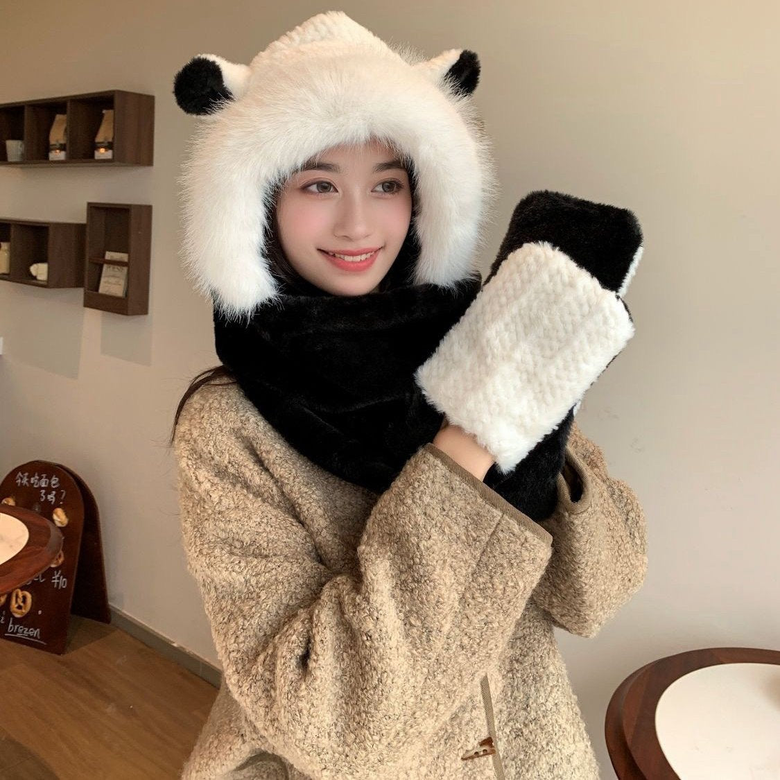 CHANEL BALACLAVA HAT IN BLACK MIX WHITE FLEECE 422216