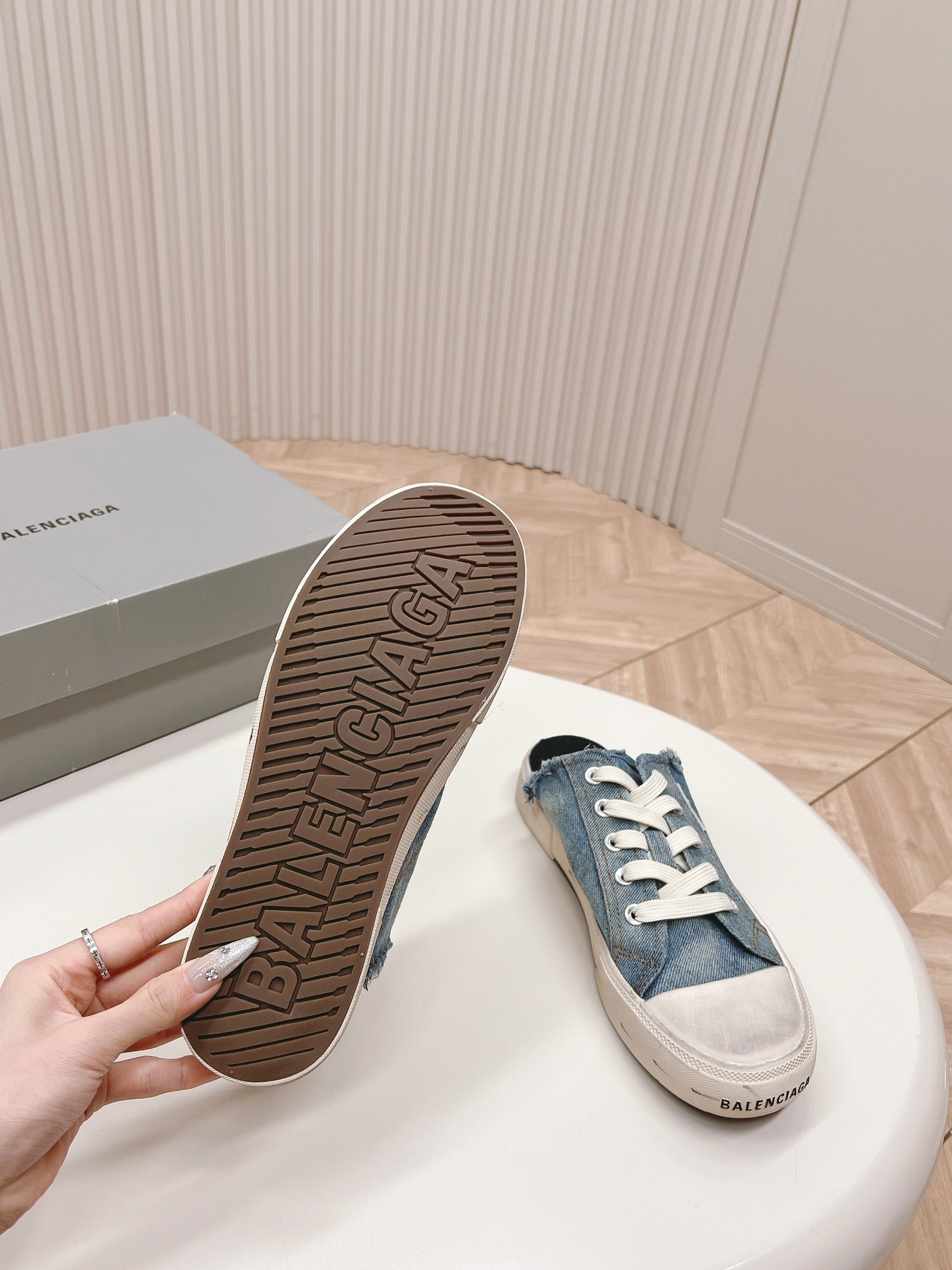Balanciaga PARIS MULES IN BLUE DESTROYED DENIM AND RUBBER