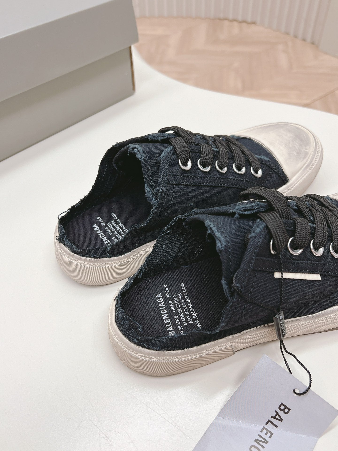 Balanciaga PARIS MULES IN BLACK DESTROYED DENIM AND RUBBER