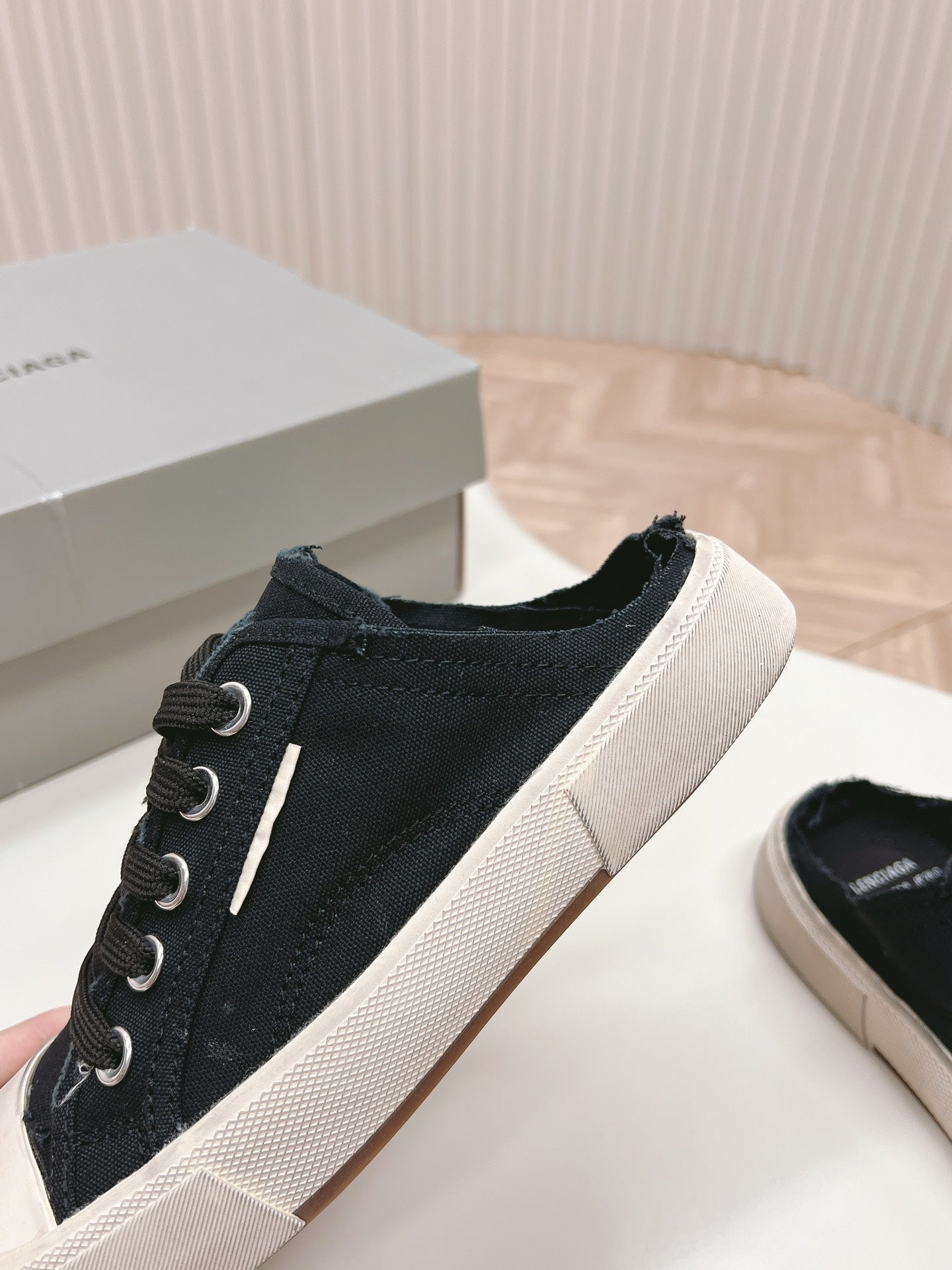 Balanciaga PARIS MULES IN BLACK DESTROYED DENIM AND RUBBER