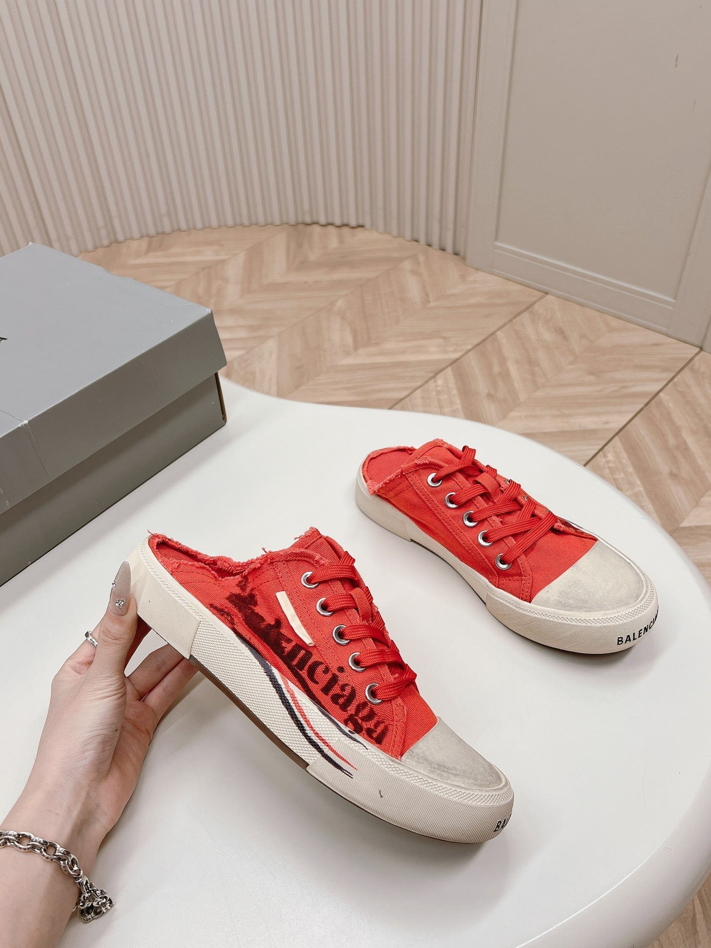 Balanciaga SNEAKER MULES IN RED CANVAS GRAFFITI LOGO