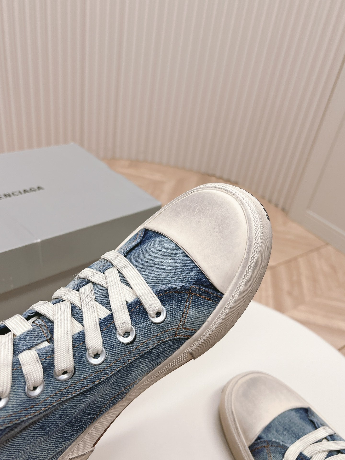 Balanciaga HIGH-TOP SNEAKERS IN BLUE DENIM LOGO PRINT