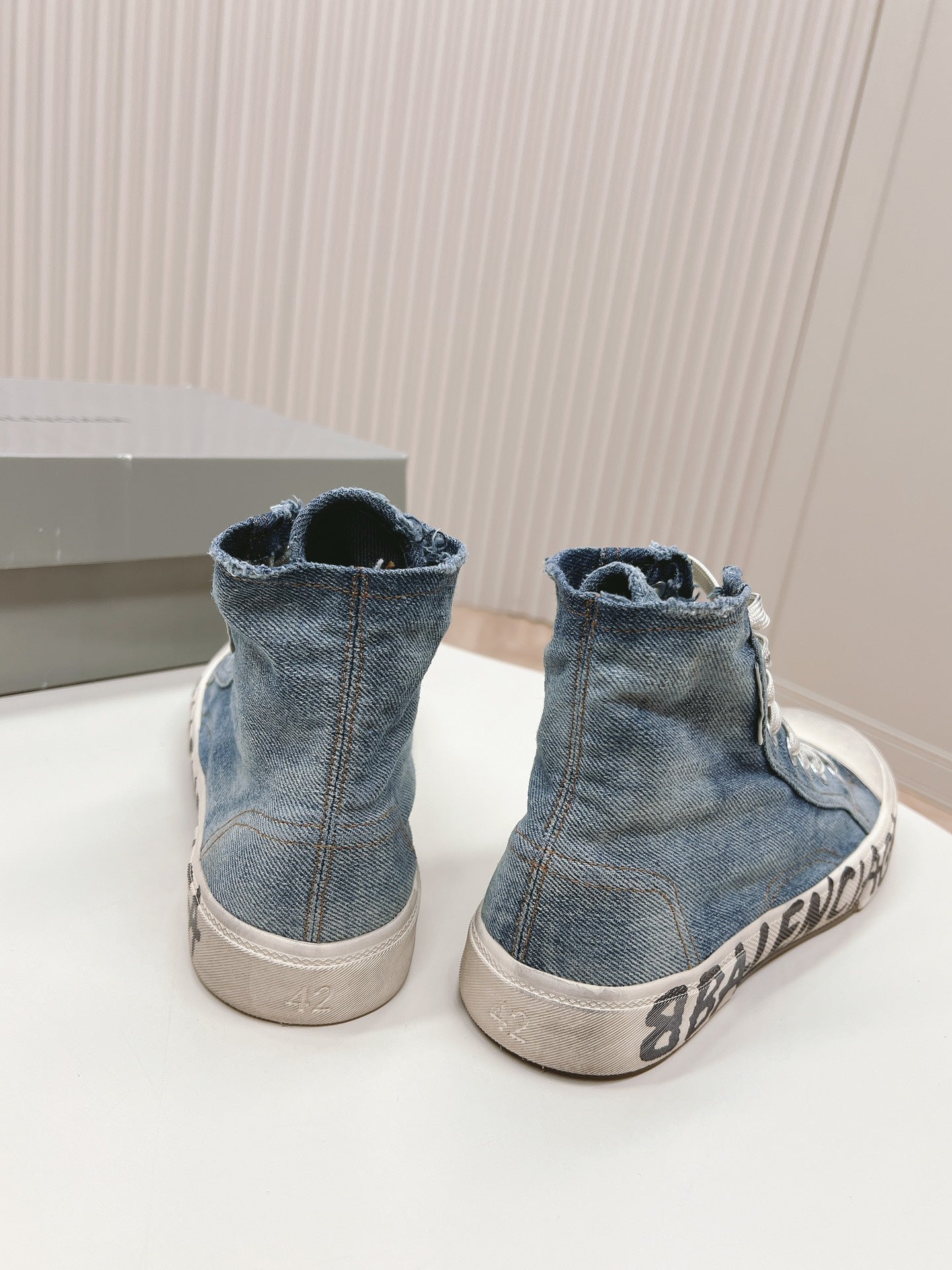 Balanciaga HIGH-TOP SNEAKERS IN BLUE DENIM LOGO PRINT
