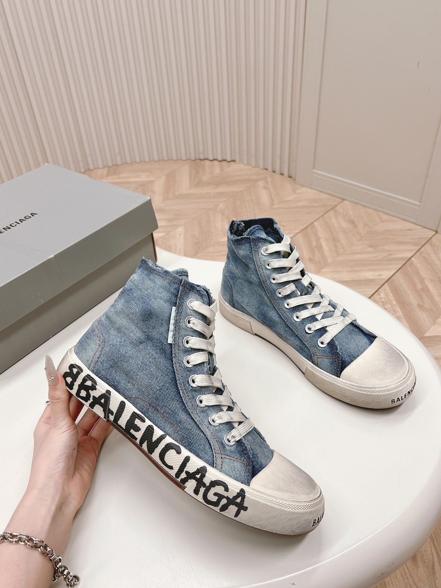 Balanciaga HIGH-TOP SNEAKERS IN BLUE DENIM LOGO PRINT