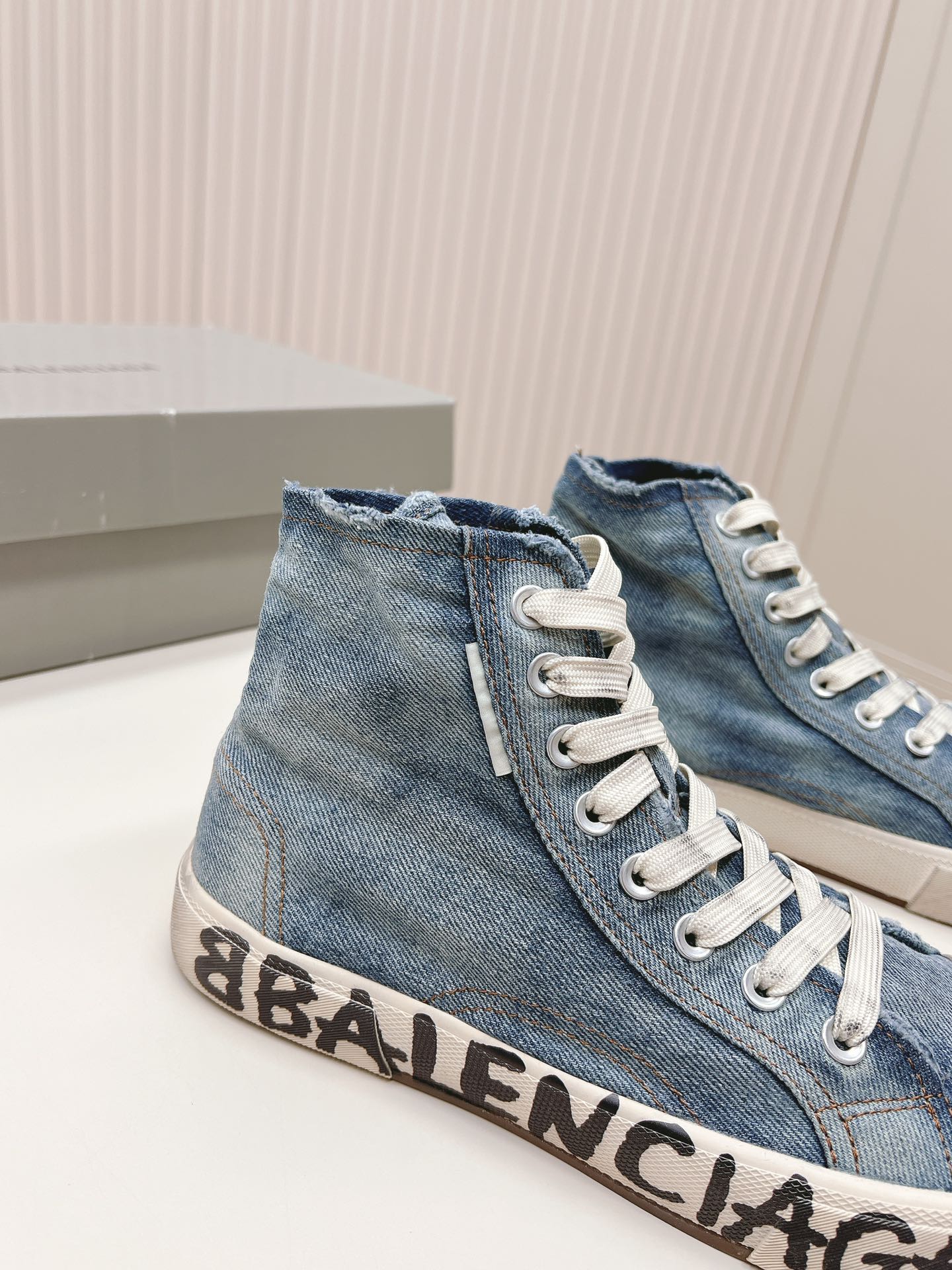 Balanciaga HIGH-TOP SNEAKERS IN BLUE DENIM LOGO PRINT