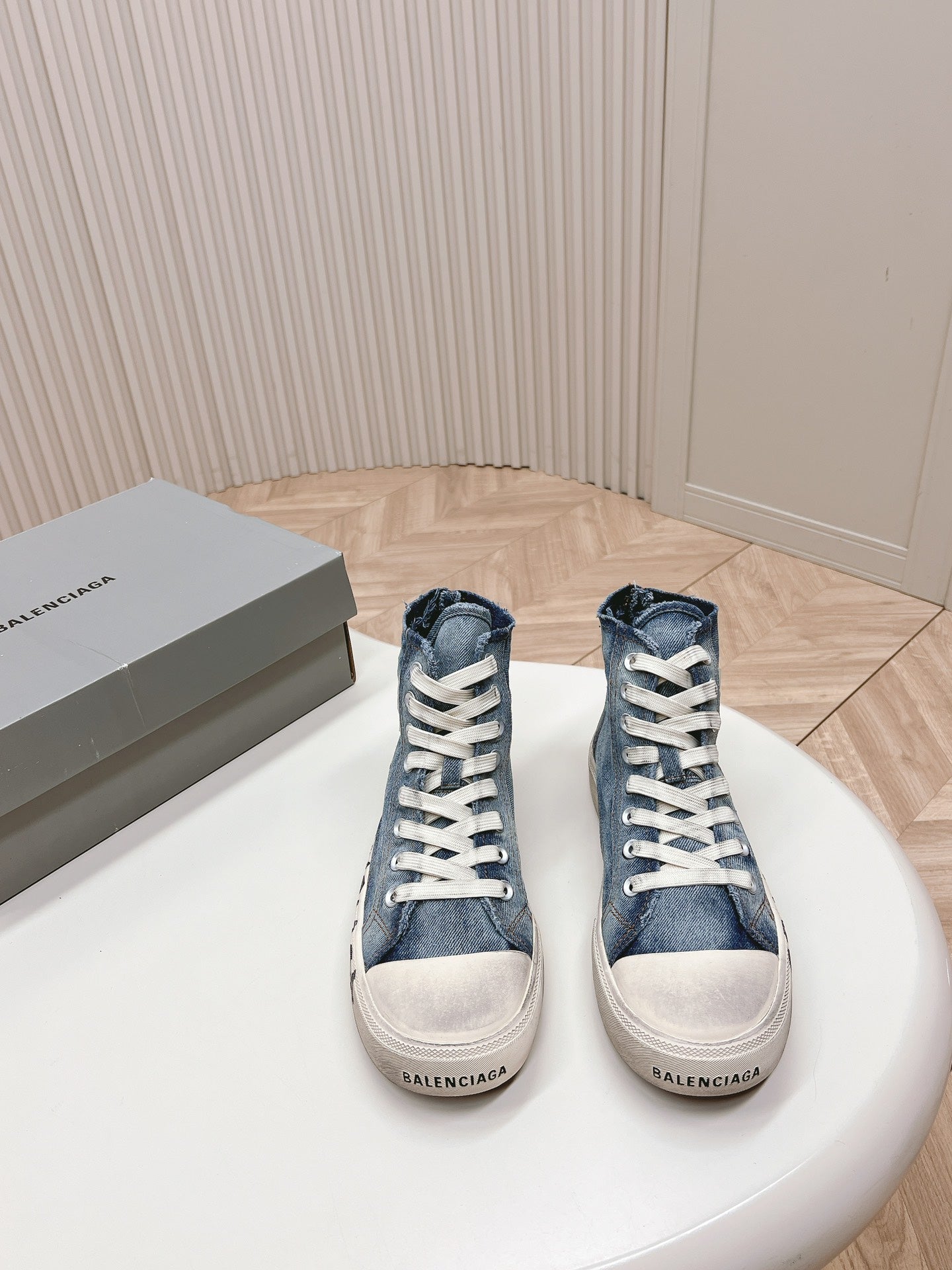 Balanciaga HIGH-TOP SNEAKERS IN BLUE DENIM LOGO PRINT