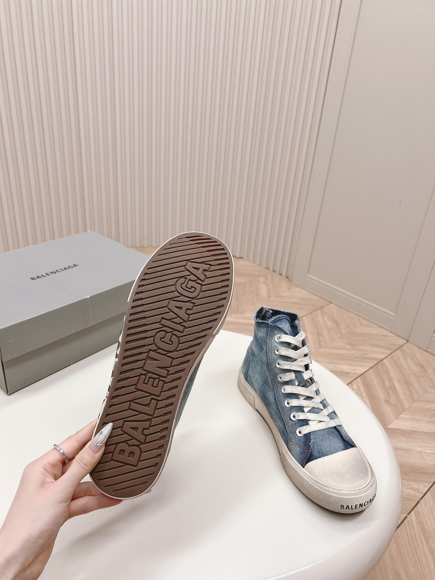 Balanciaga HIGH-TOP SNEAKERS IN BLUE DENIM LOGO PRINT