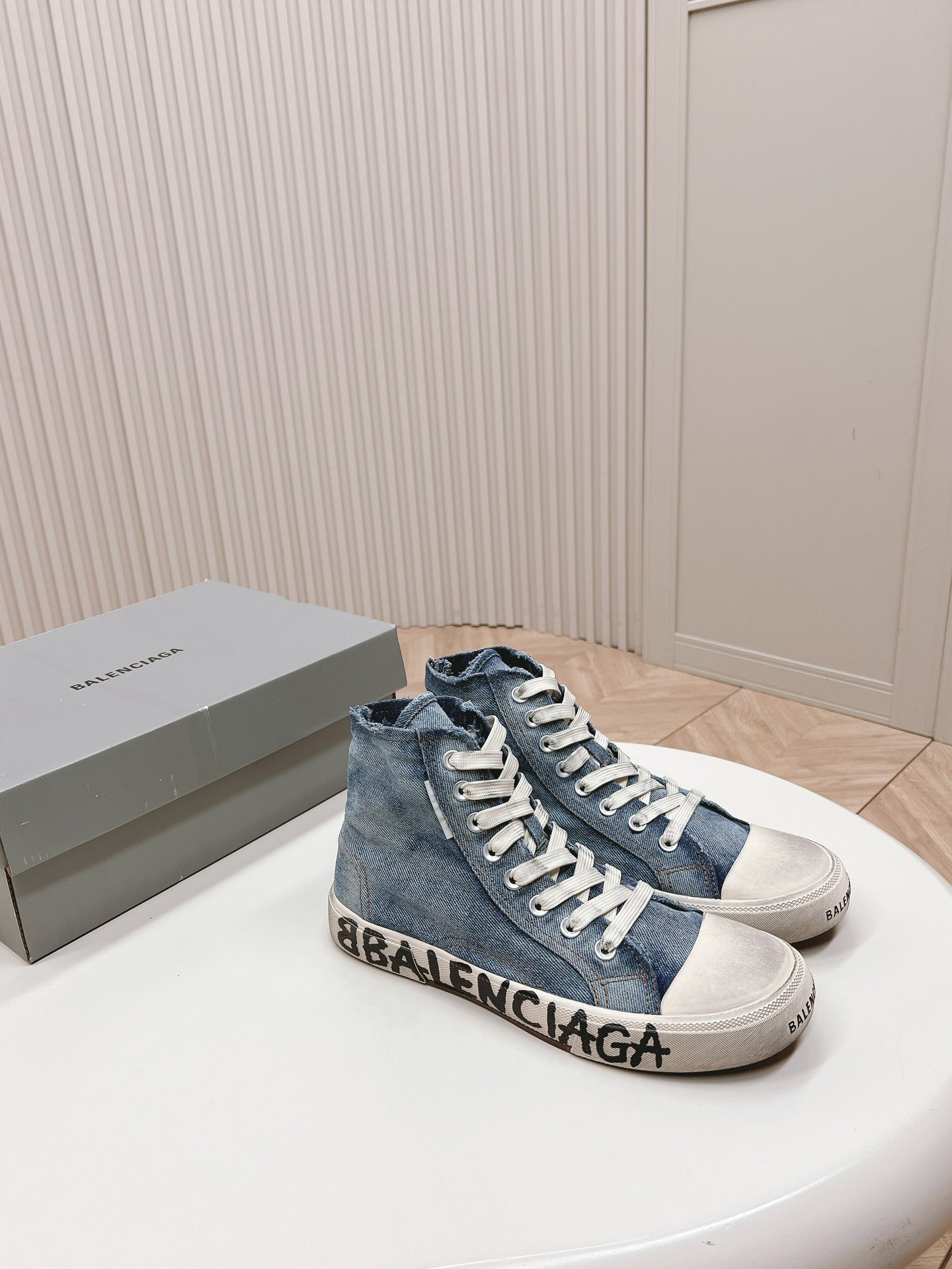 Balanciaga HIGH-TOP SNEAKERS IN BLUE DENIM LOGO PRINT