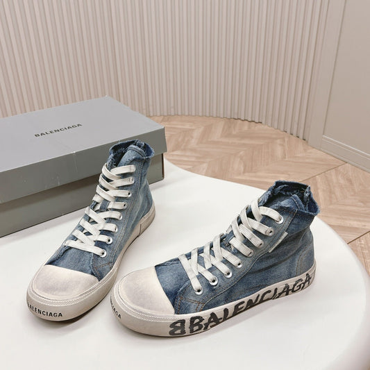 Balanciaga HIGH-TOP SNEAKERS IN BLUE DENIM LOGO PRINT
