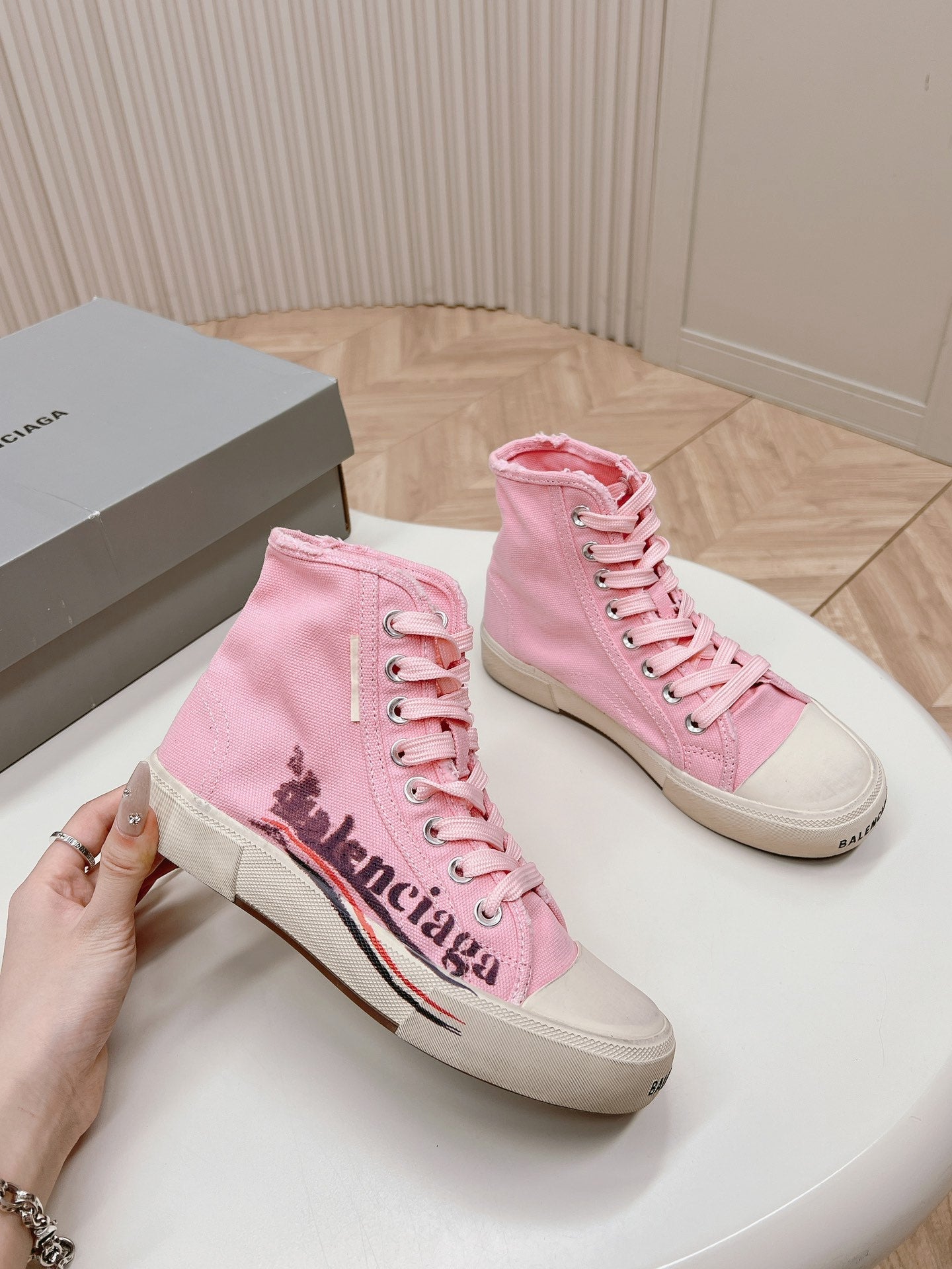 Balanciaga PINK CANVAS HIGH-TOP SNEAKERS LOGO GRAFFITI