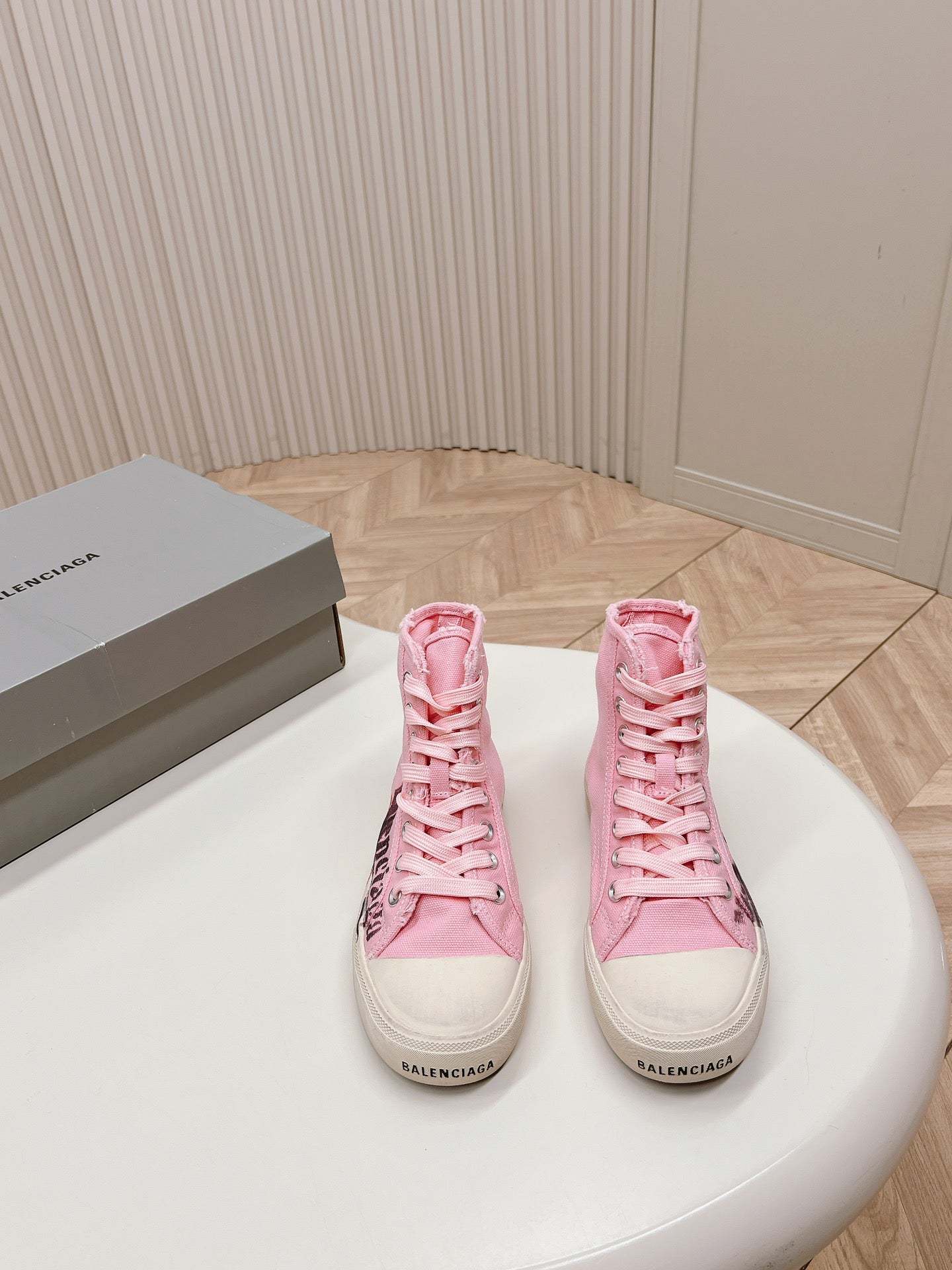 Balanciaga PINK CANVAS HIGH-TOP SNEAKERS LOGO GRAFFITI