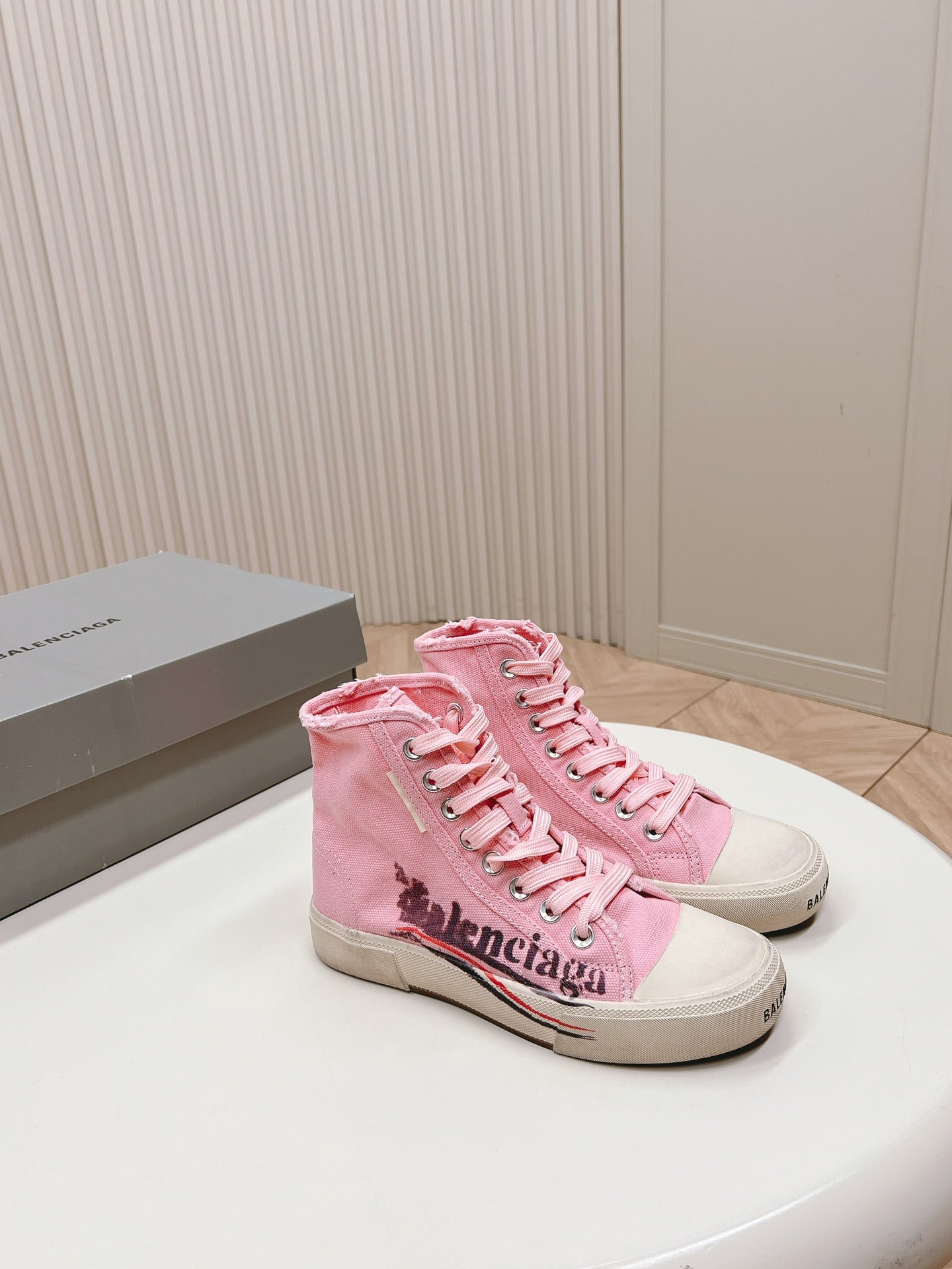 Balanciaga PINK CANVAS HIGH-TOP SNEAKERS LOGO GRAFFITI