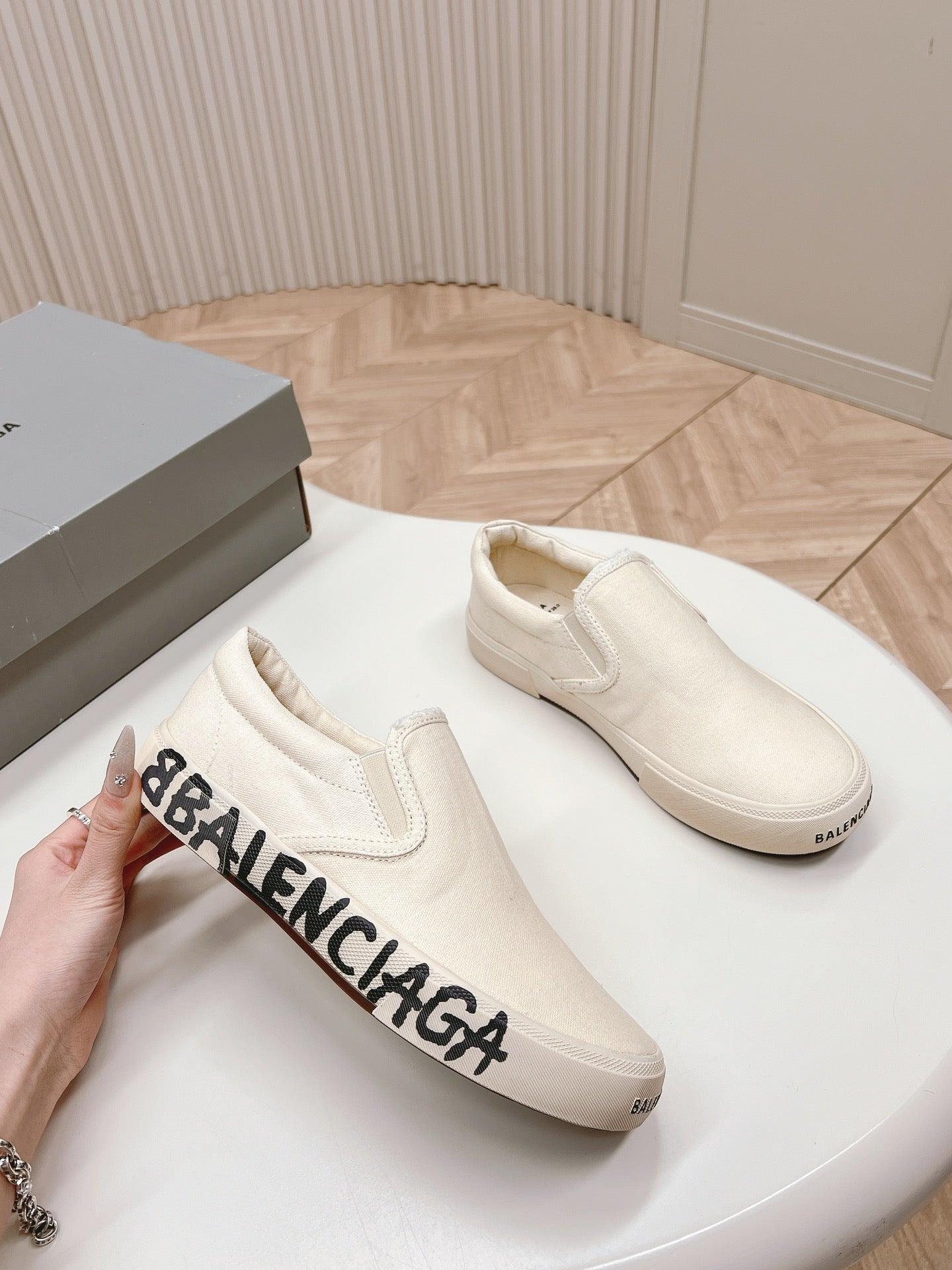 Balanciaga SLIP-ON SNEAKERS GRAFFITI IN WHITE CANVAS