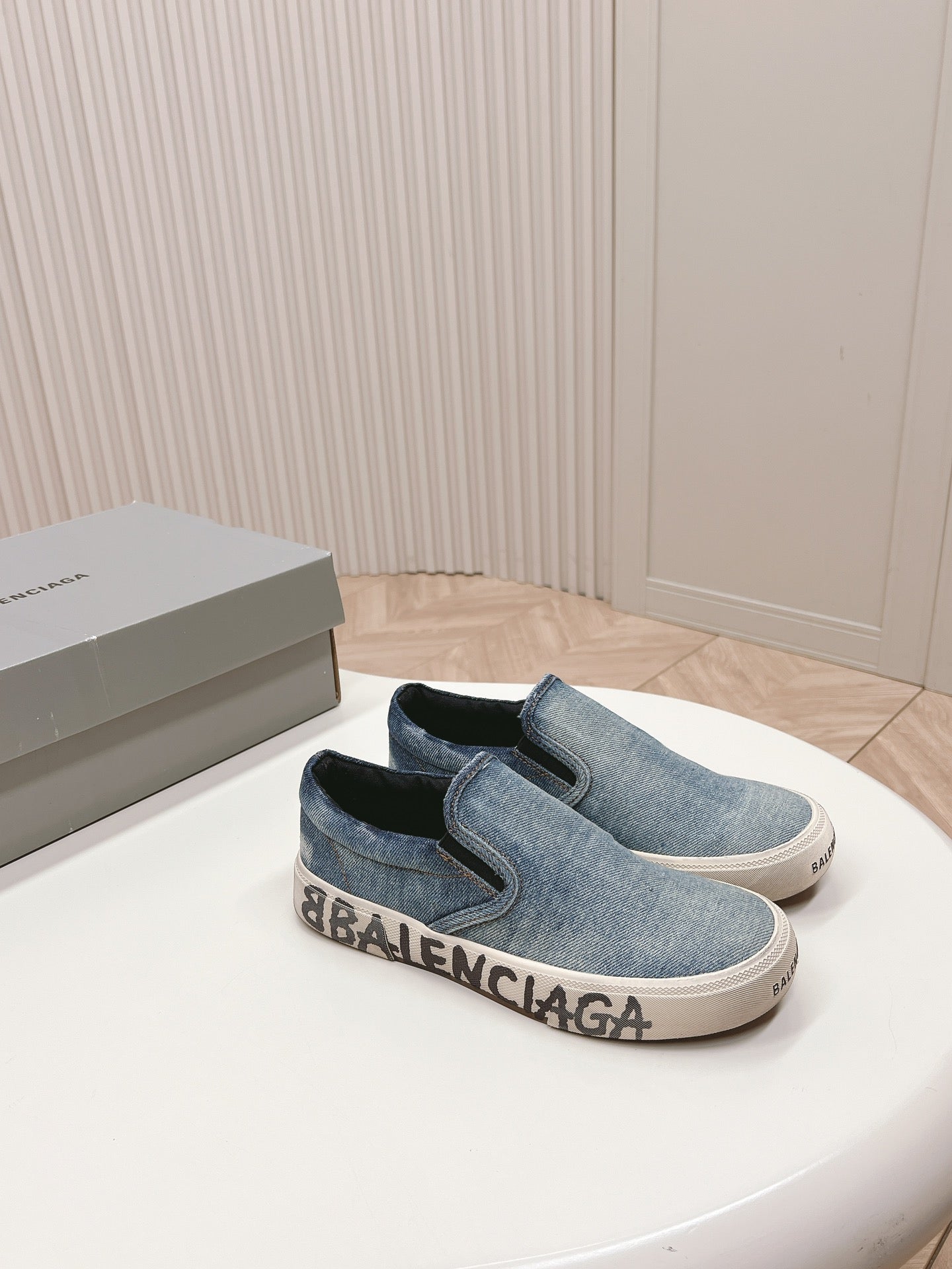 Balanciaga SLIP-ON SNEAKERS GRAFFITI IN LIGHT BLUE DENIM