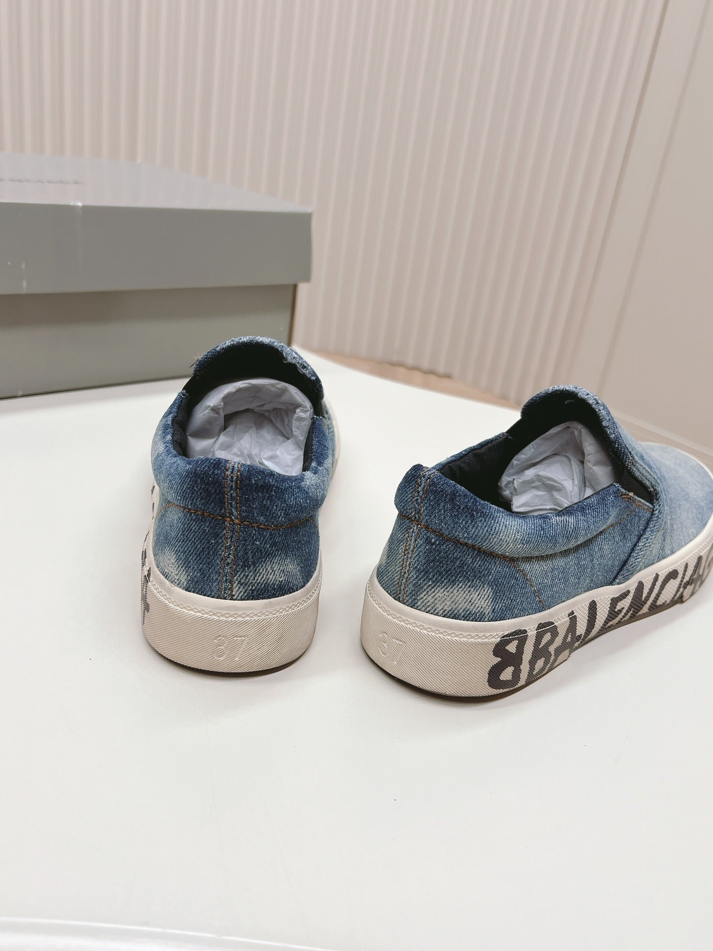 Balanciaga SLIP-ON SNEAKERS GRAFFITI IN LIGHT BLUE DENIM