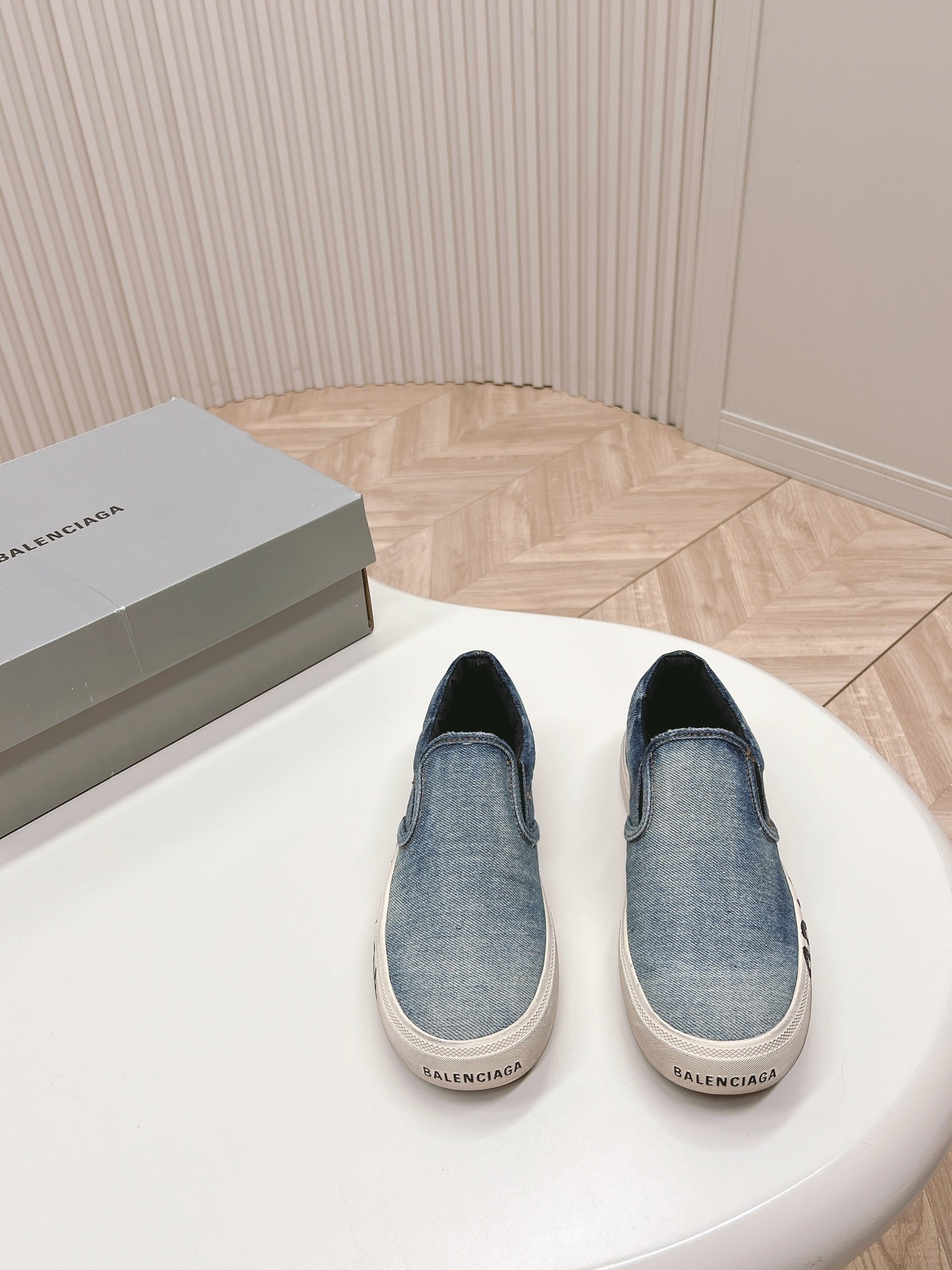 Balanciaga SLIP-ON SNEAKERS GRAFFITI IN LIGHT BLUE DENIM