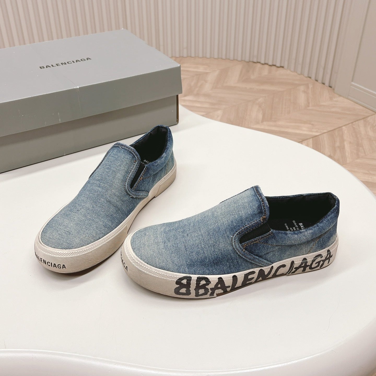 Balanciaga SLIP-ON SNEAKERS GRAFFITI IN LIGHT BLUE DENIM