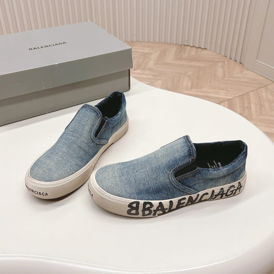 Balanciaga SLIP-ON SNEAKERS GRAFFITI IN LIGHT BLUE DENIM