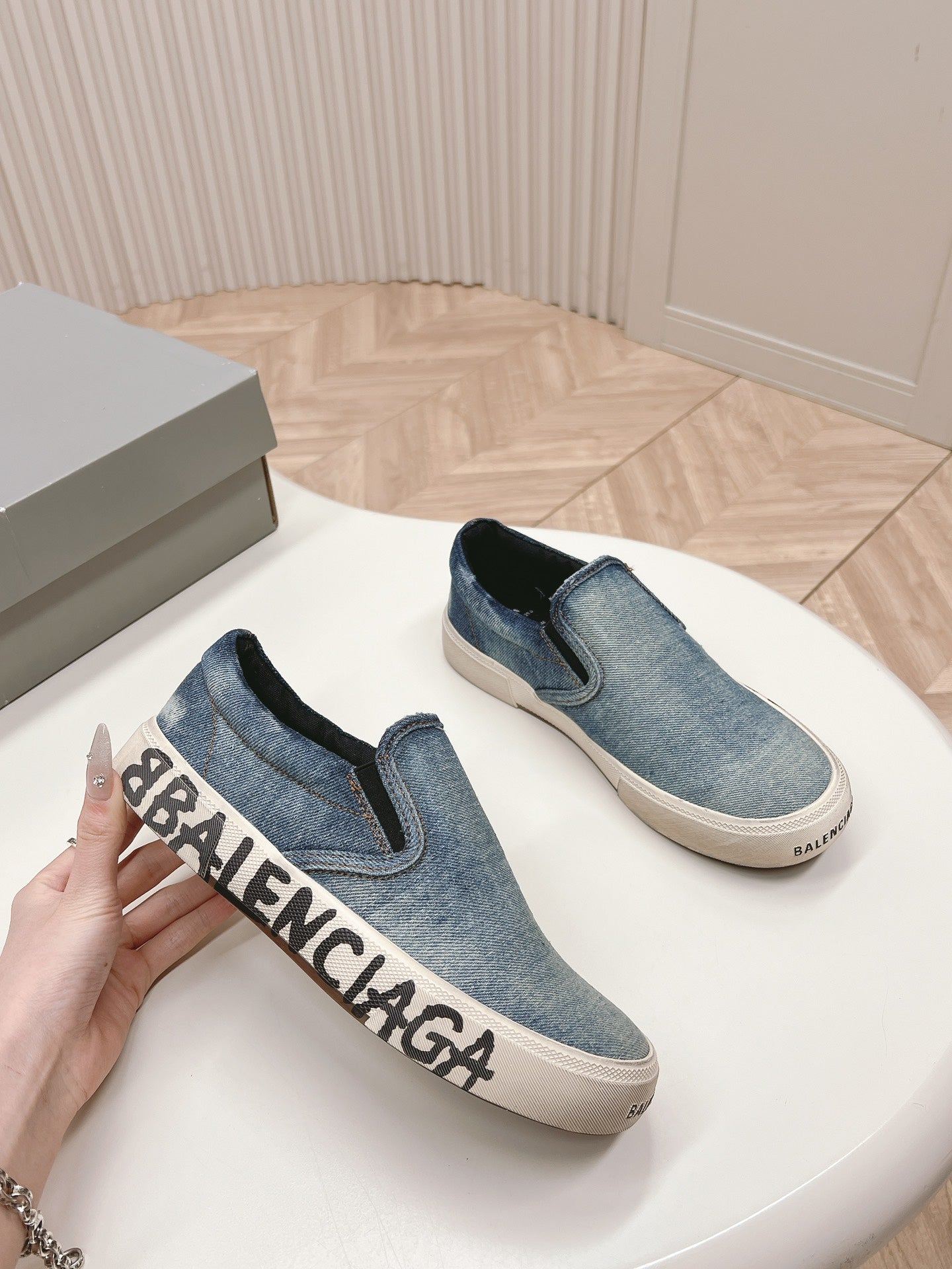Balanciaga SLIP-ON SNEAKERS GRAFFITI IN LIGHT BLUE DENIM