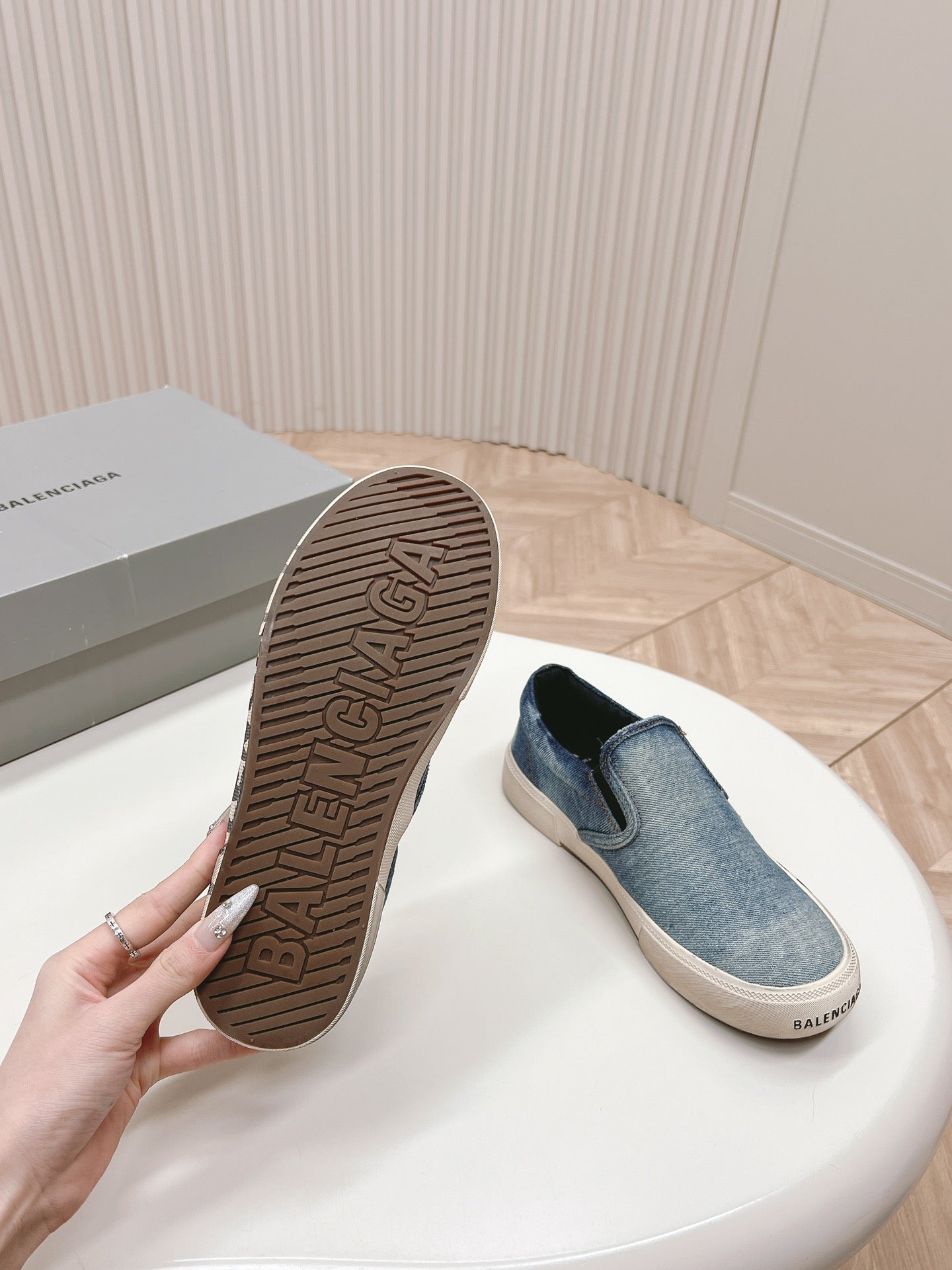 Balanciaga SLIP-ON SNEAKERS GRAFFITI IN LIGHT BLUE DENIM