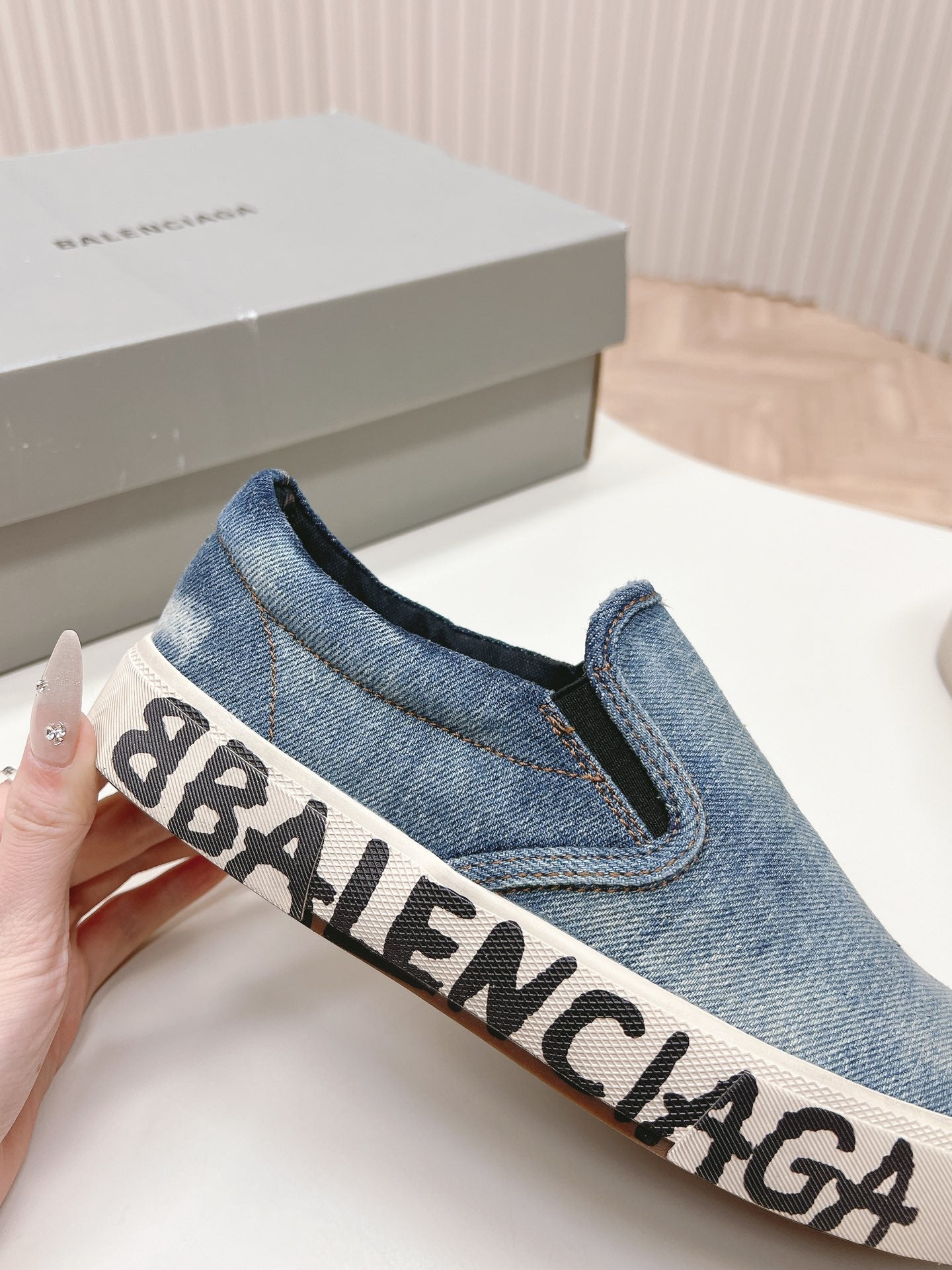 Balanciaga SLIP-ON SNEAKERS GRAFFITI IN LIGHT BLUE DENIM