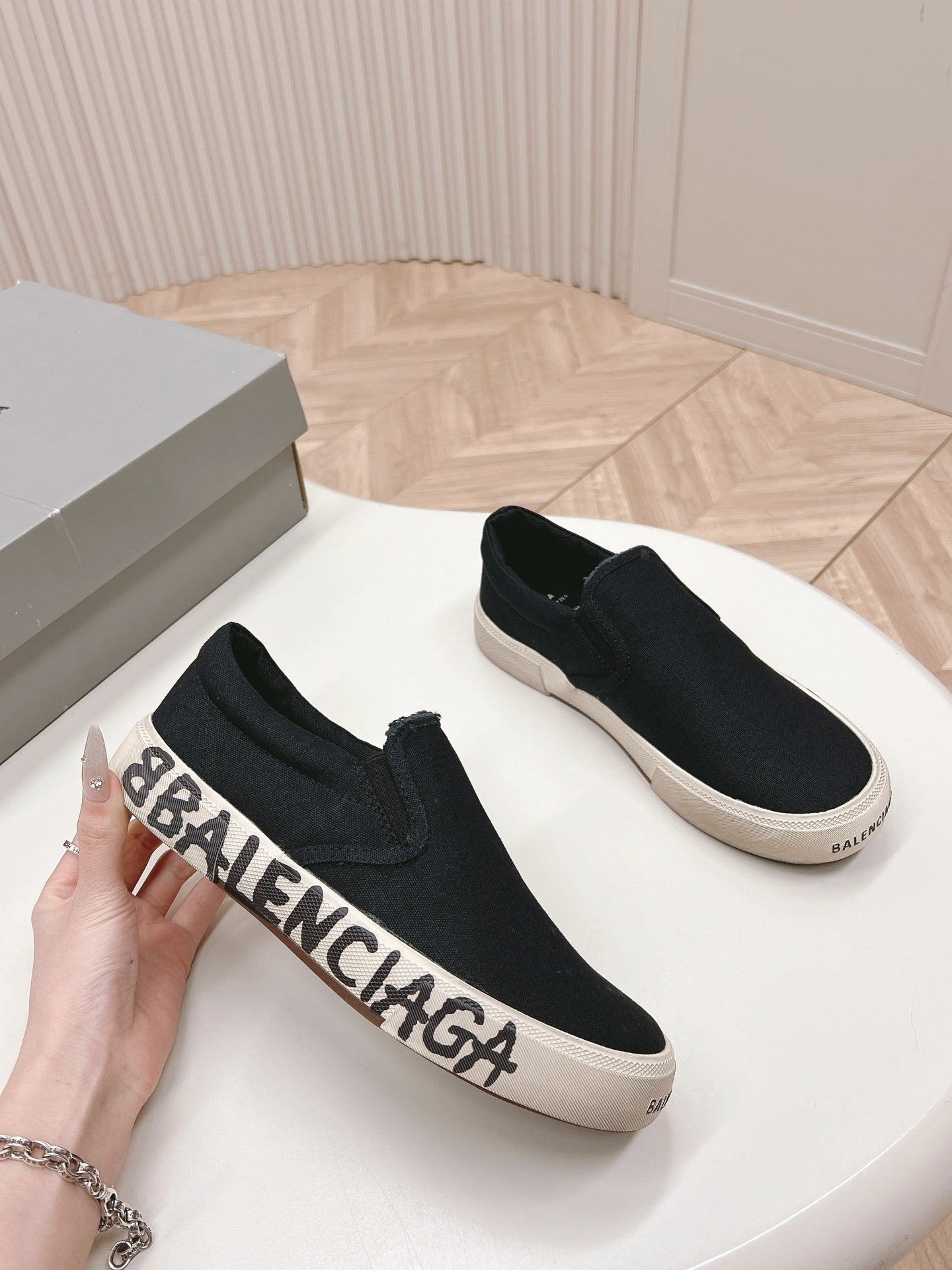 Balanciaga SLIP-ON SNEAKERS GRAFFITI IN BLACK CANVAS