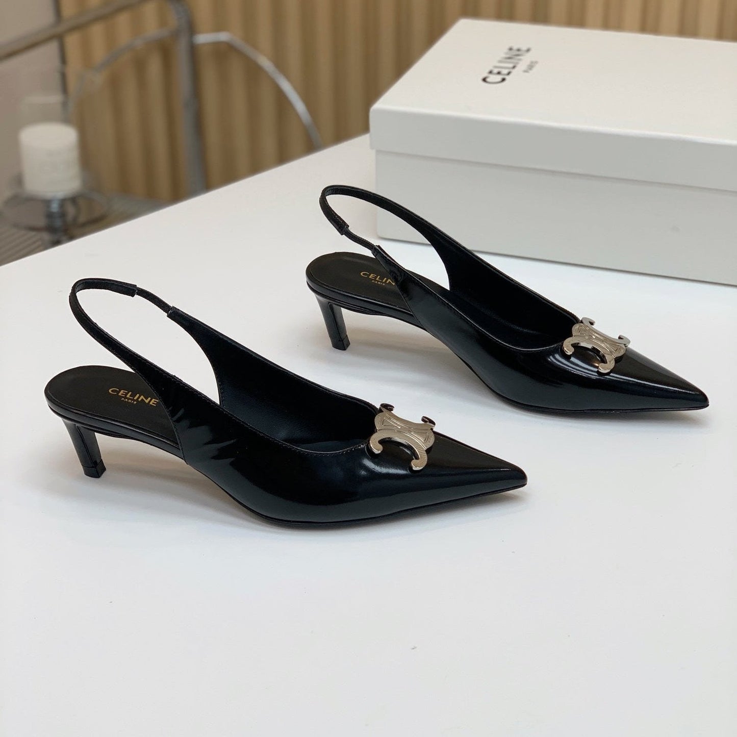 Celine ALMA TRIOMPHE SLINGBACK IN BLACK PATENT CALFSKIN