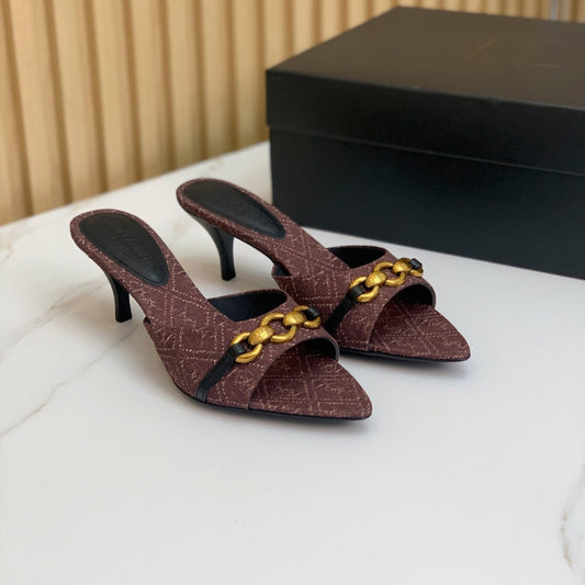 Saint Laurent SL CHAIN ATTACH HEELED MULES BROWN DENIM