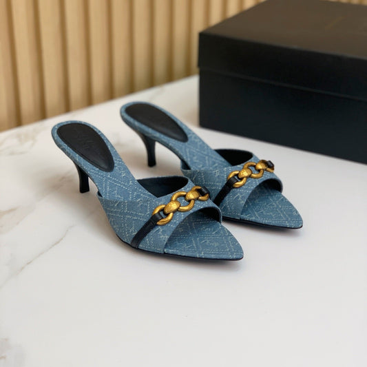 Saint Laurent SL CHAIN ATTACH HEELED MULES CERULEAN DENIM