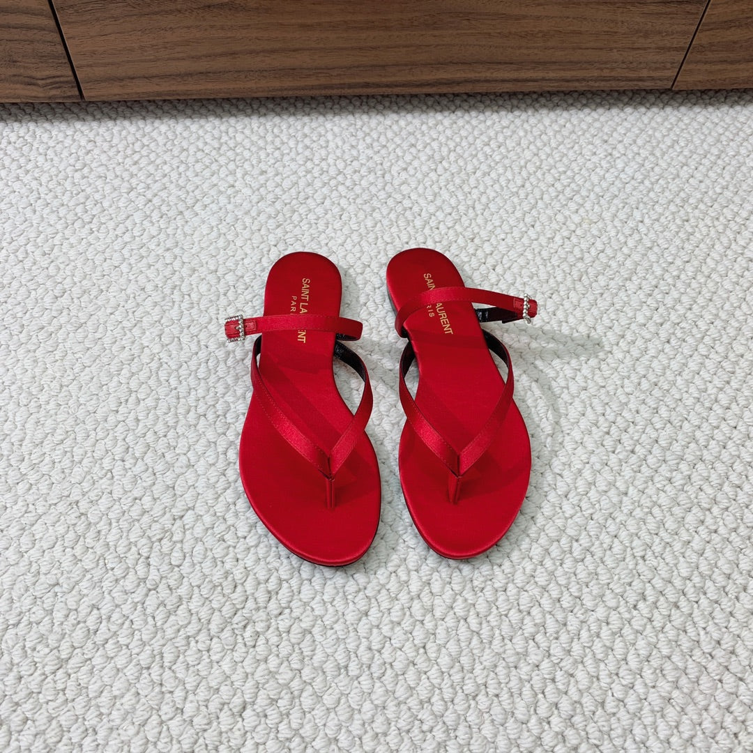 Saint Laurent SL CRYSTAL BUCKLE THONG SANDAL RED SATIN
