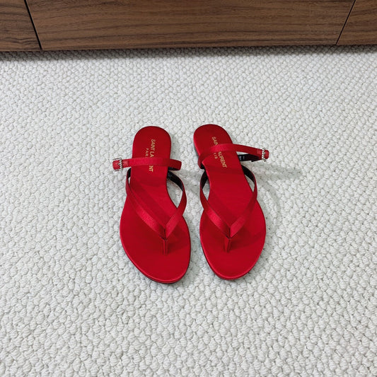 Saint Laurent SL CRYSTAL BUCKLE THONG SANDAL RED SATIN