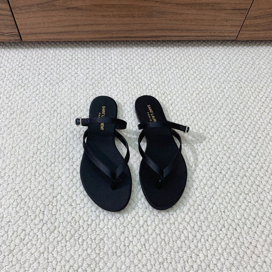 Saint Laurent SL CRYSTAL BUCKLE THONG SANDAL BLACK SATIN