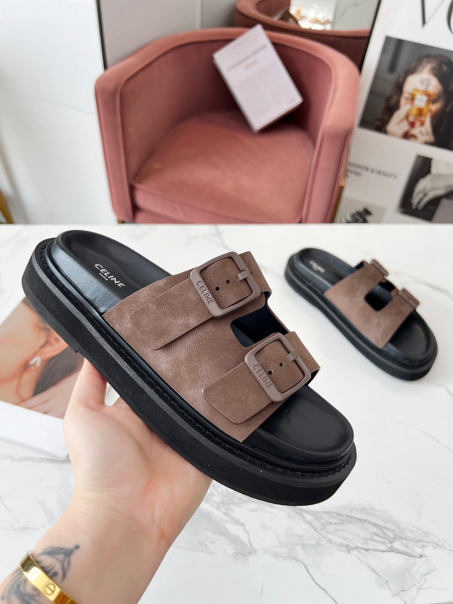 Celine Celine 25C Dad Sandal Mule Ivory Brown Leather 238144