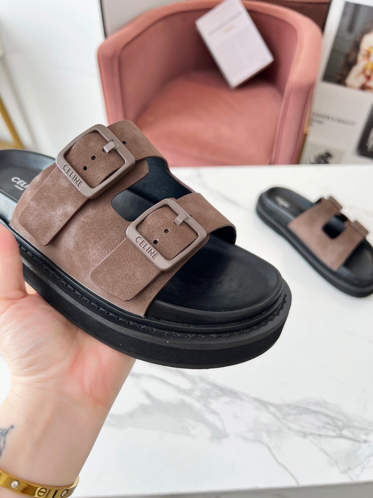 Celine Celine 25C Dad Sandal Mule Ivory Brown Leather 238144