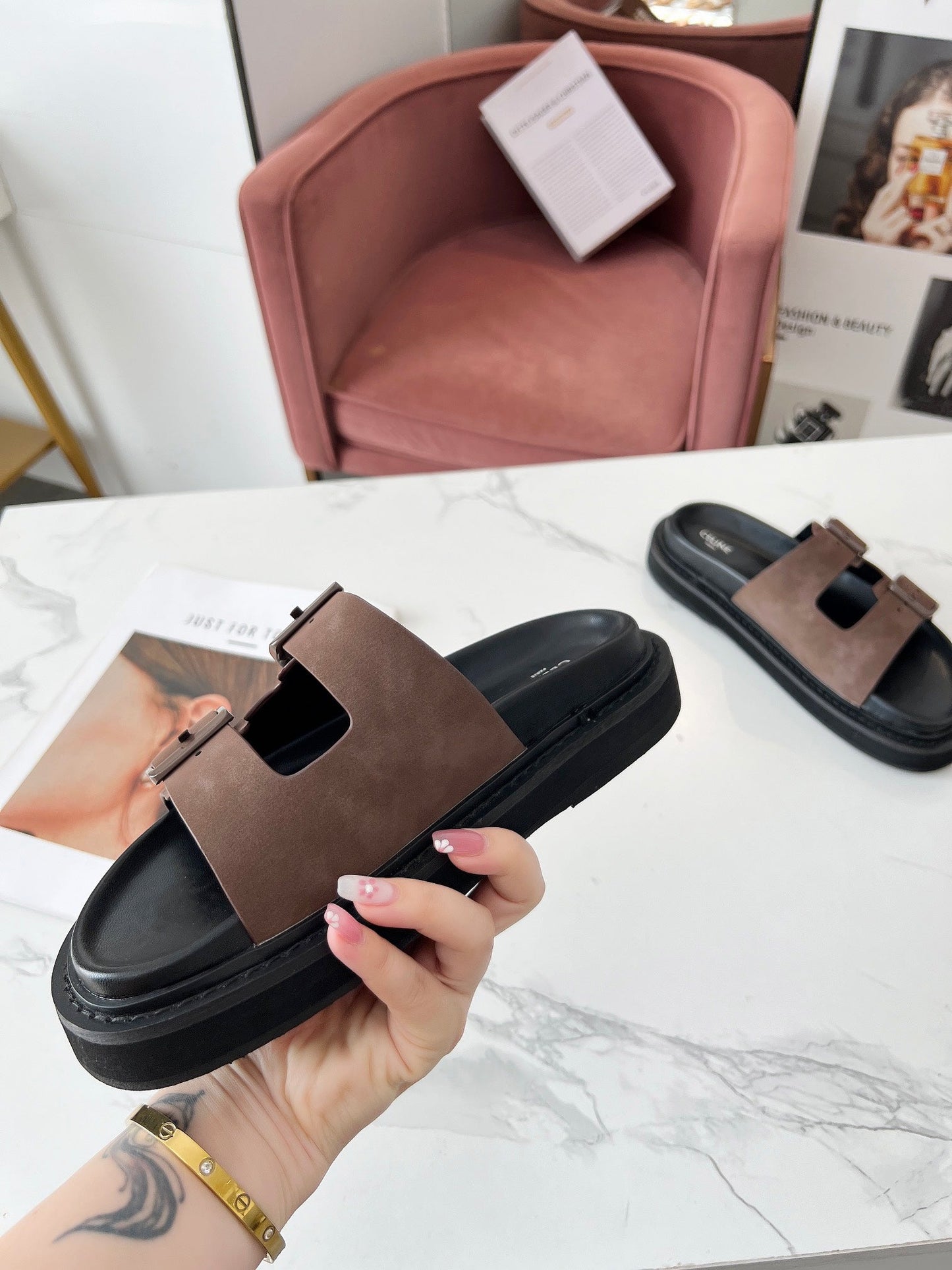 Celine Celine 25C Dad Sandal Mule Ivory Brown Leather 238144
