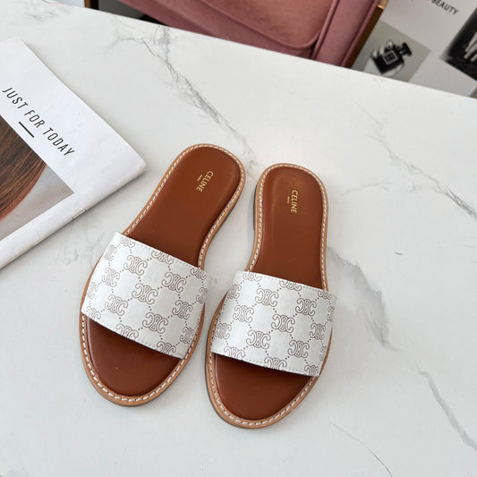Celine Celine 25C Slippers White Monagram Silk with Calfskin 238145