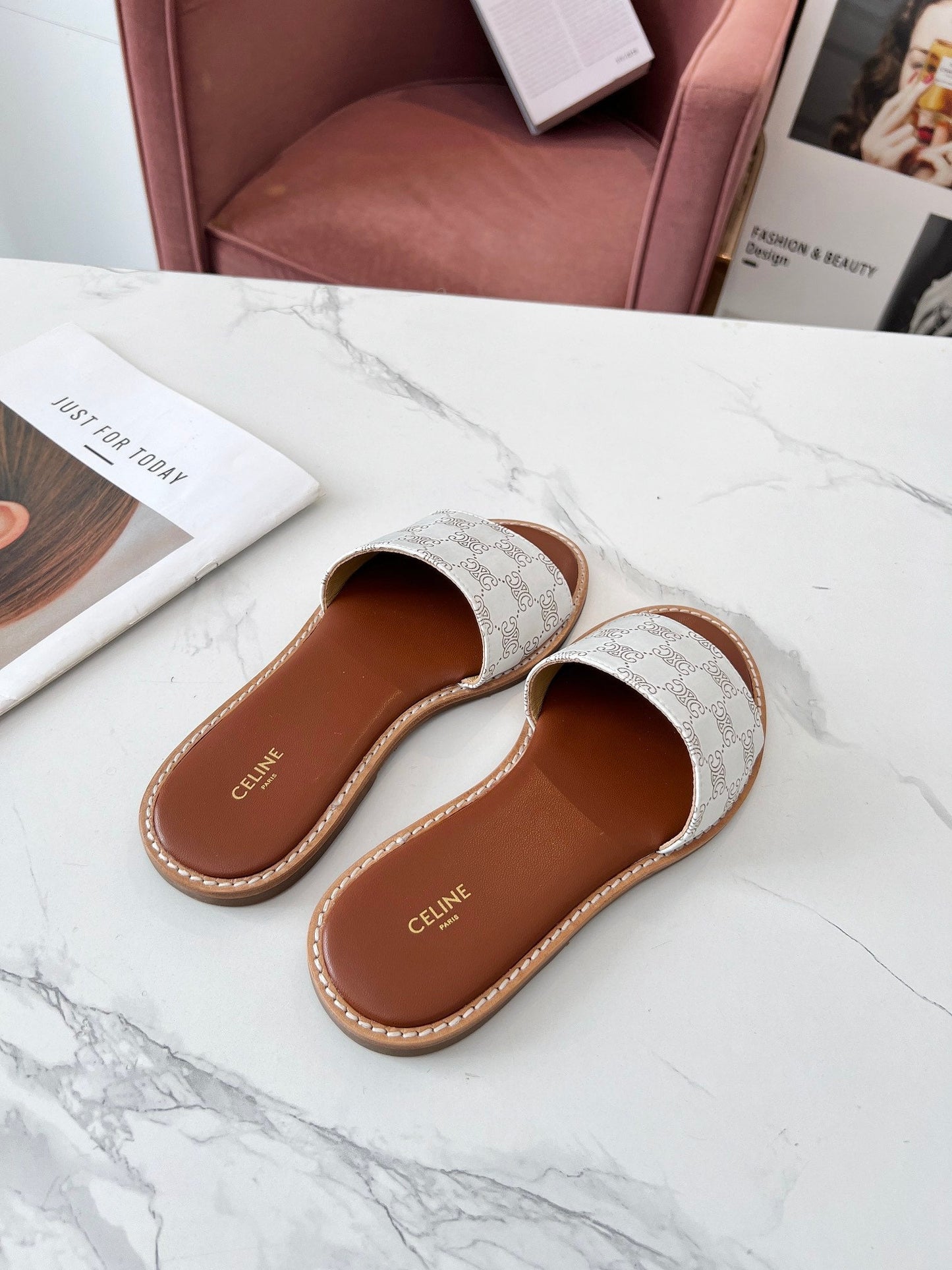 Celine Celine 25C Slippers White Monagram Silk with Calfskin 238145