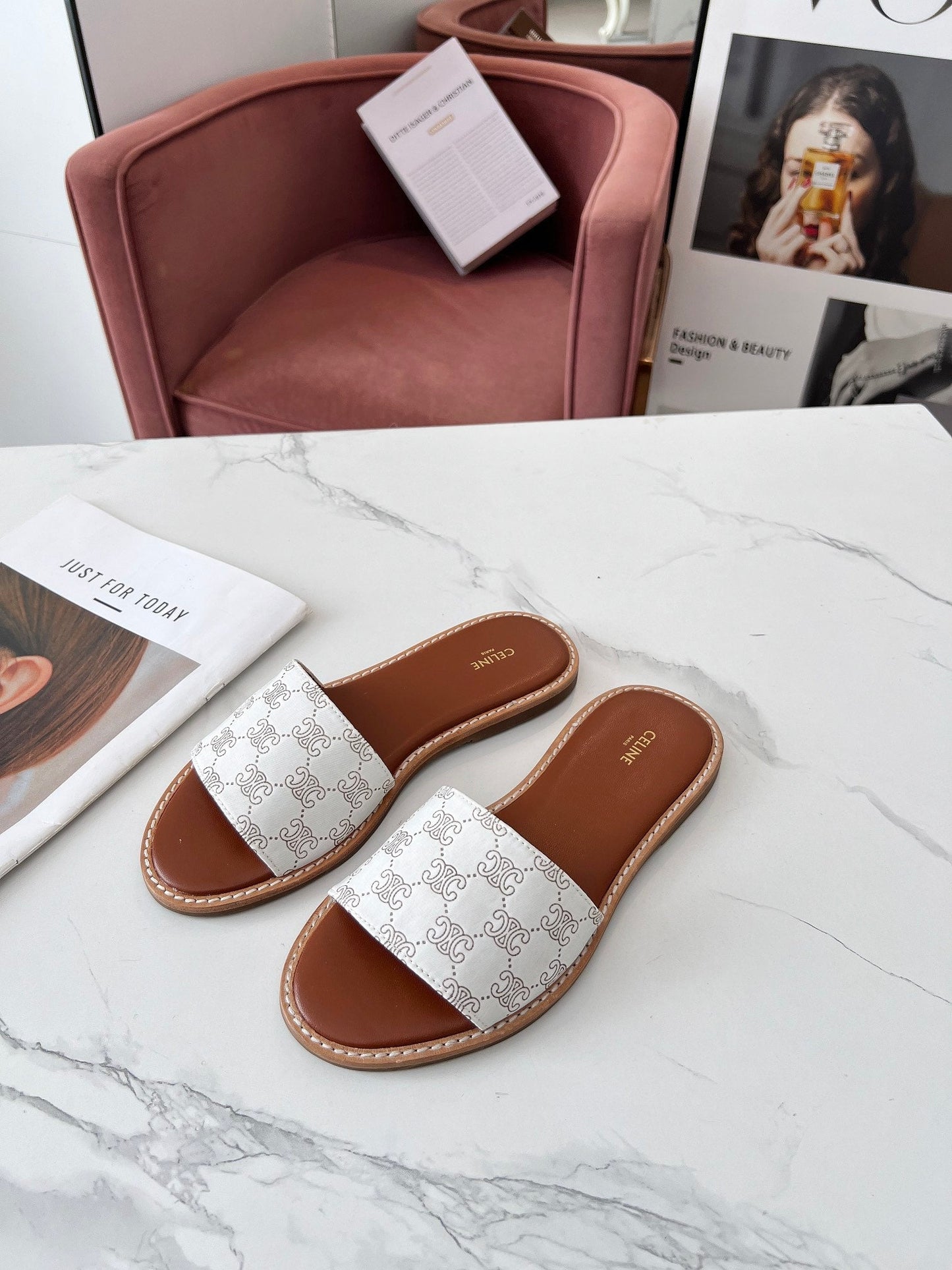 Celine Celine 25C Slippers White Monagram Silk with Calfskin 238145
