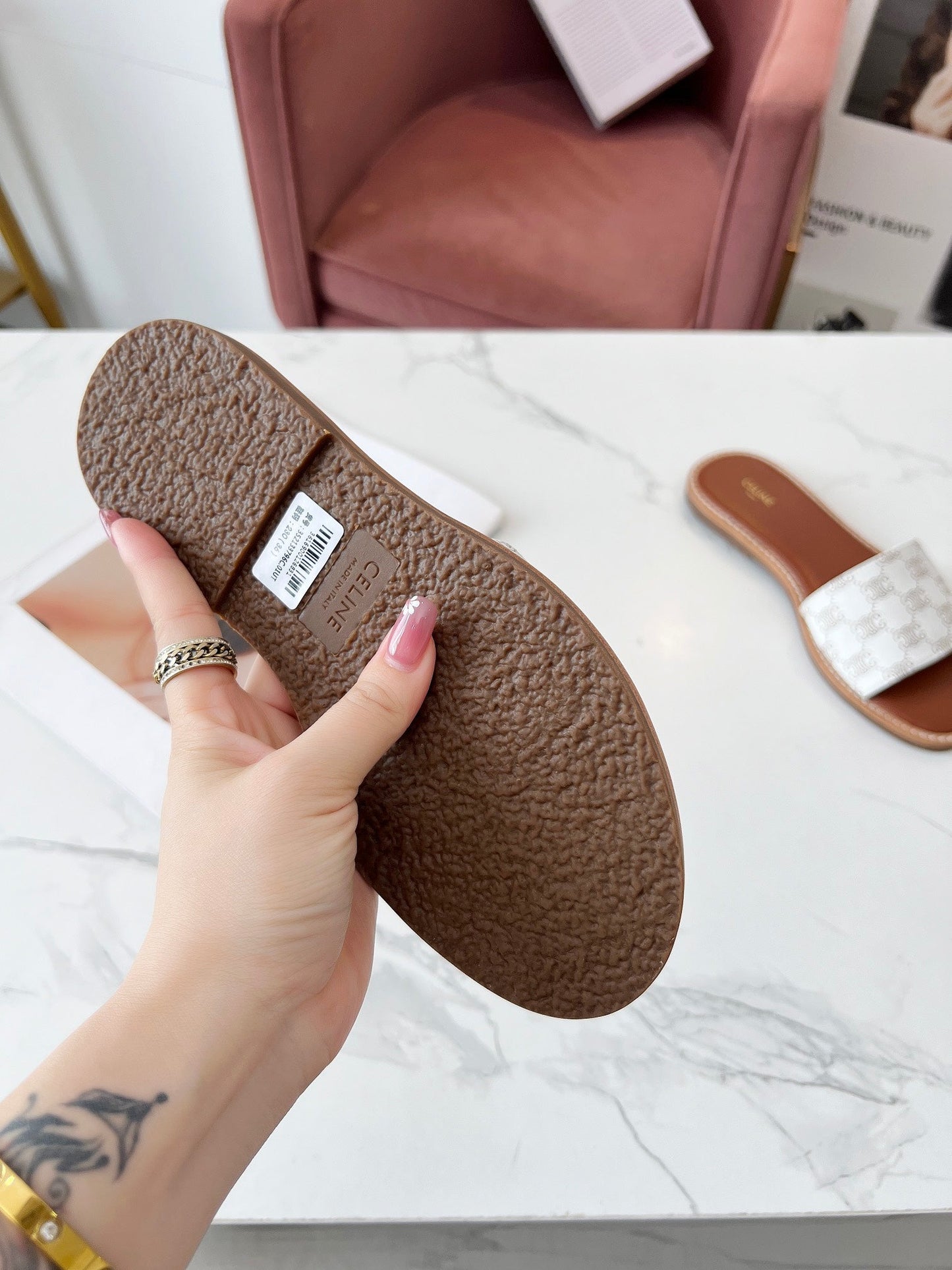 Celine Celine 25C Slippers White Monagram Silk with Calfskin 238145