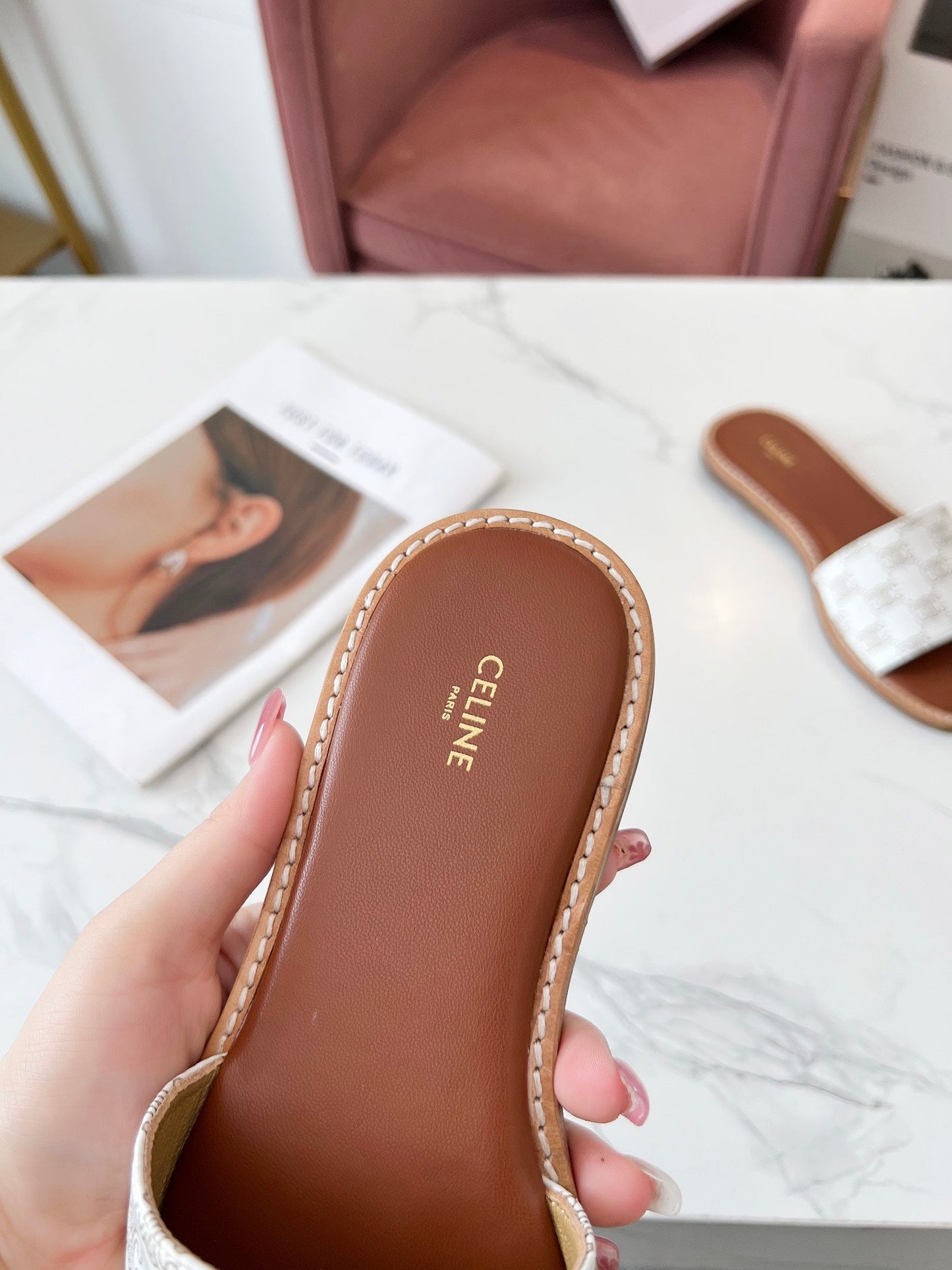 Celine Celine 25C Slippers White Monagram Silk with Calfskin 238145