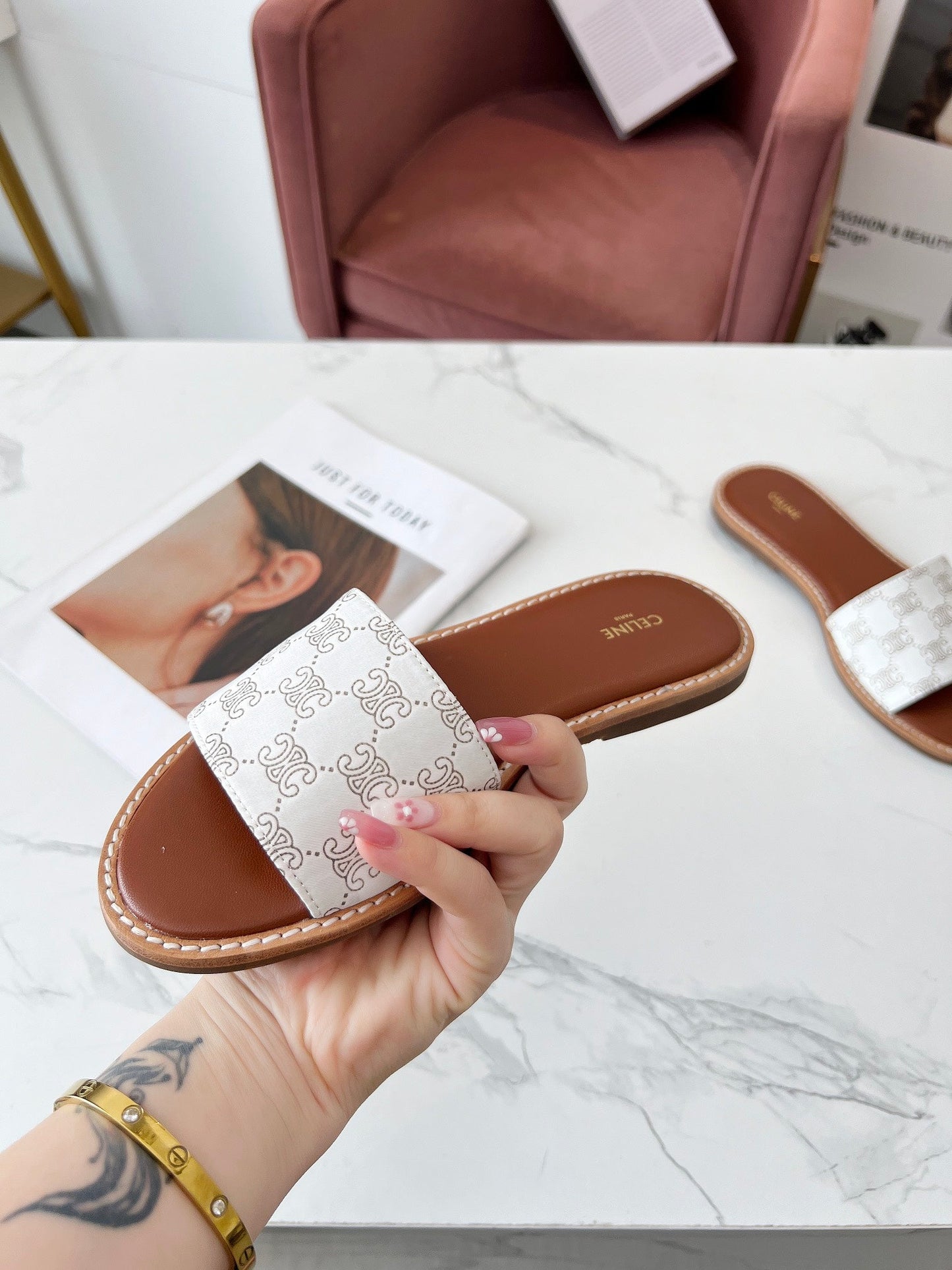 Celine Celine 25C Slippers White Monagram Silk with Calfskin 238145
