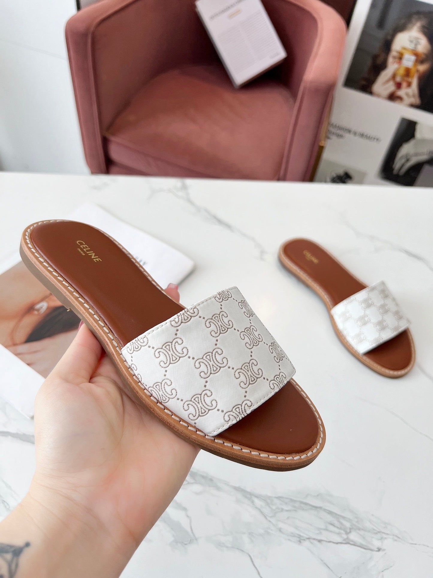 Celine Celine 25C Slippers White Monagram Silk with Calfskin 238145