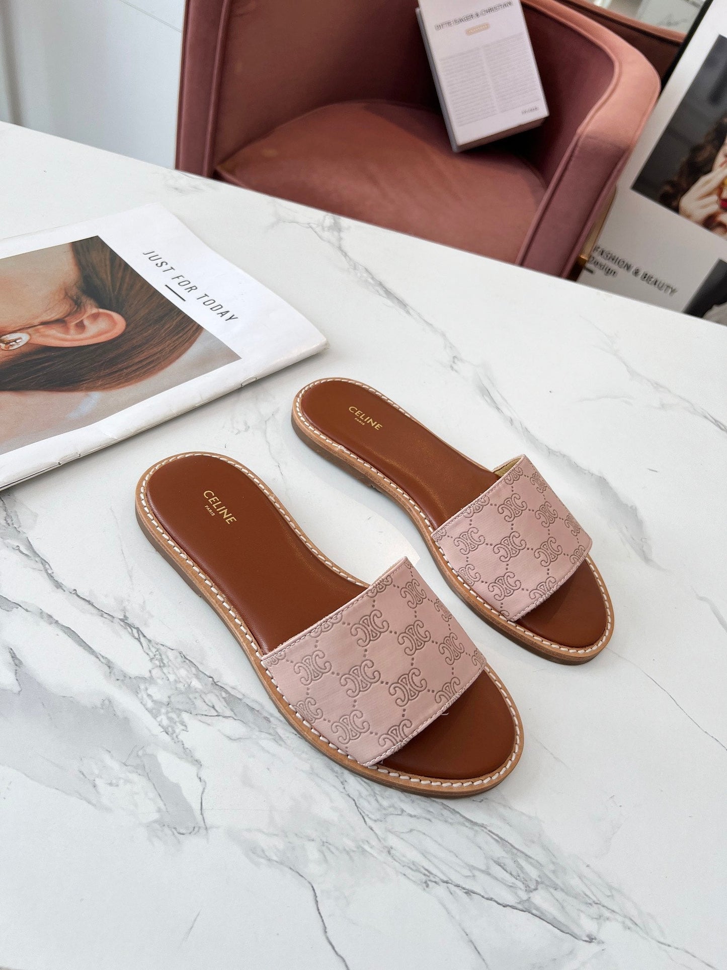 Celine Celine 25C Slippers Pink Pastel Monagram Silk with Calfskin 238146