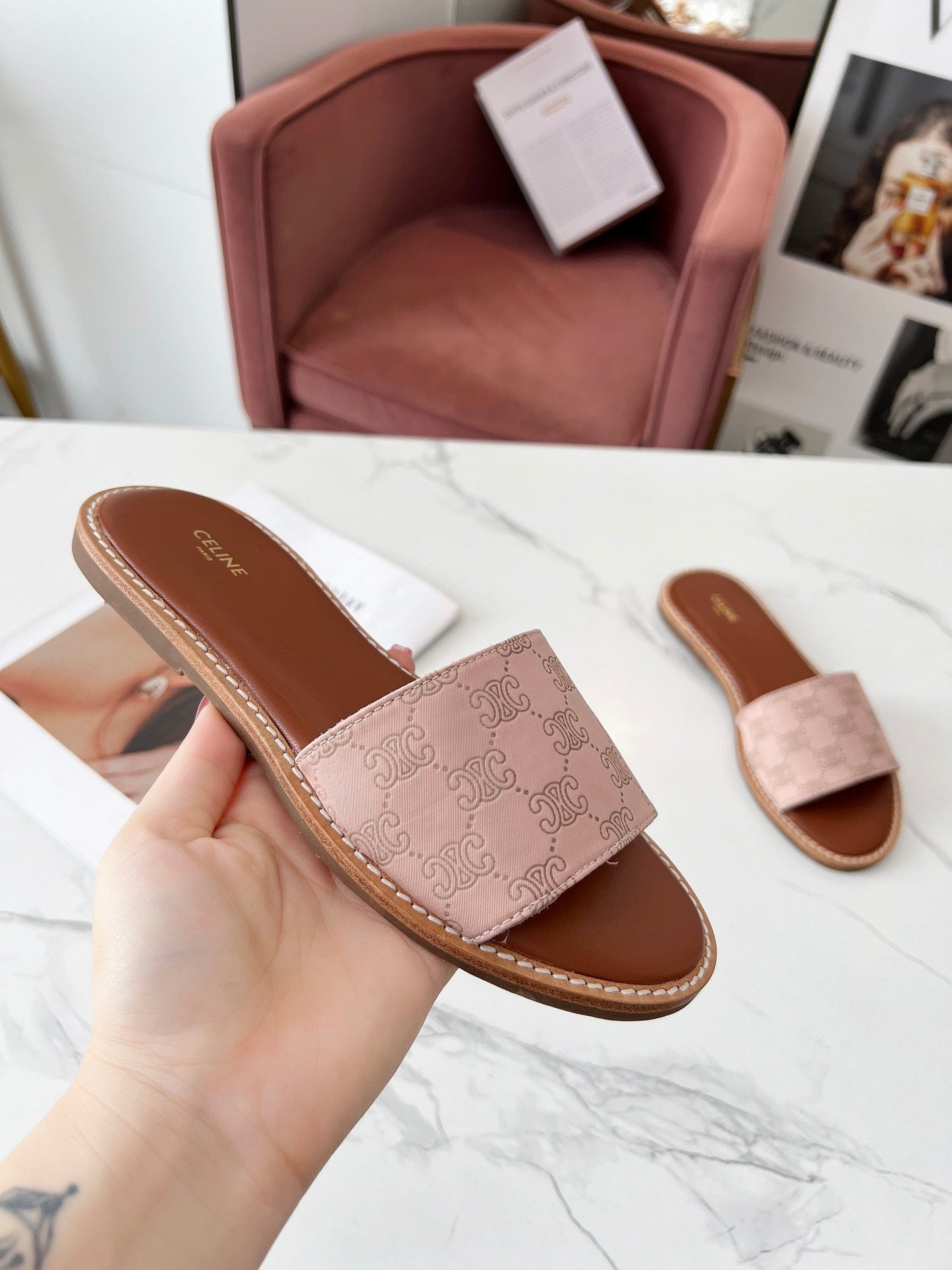 Celine Celine 25C Slippers Pink Pastel Monagram Silk with Calfskin 238146
