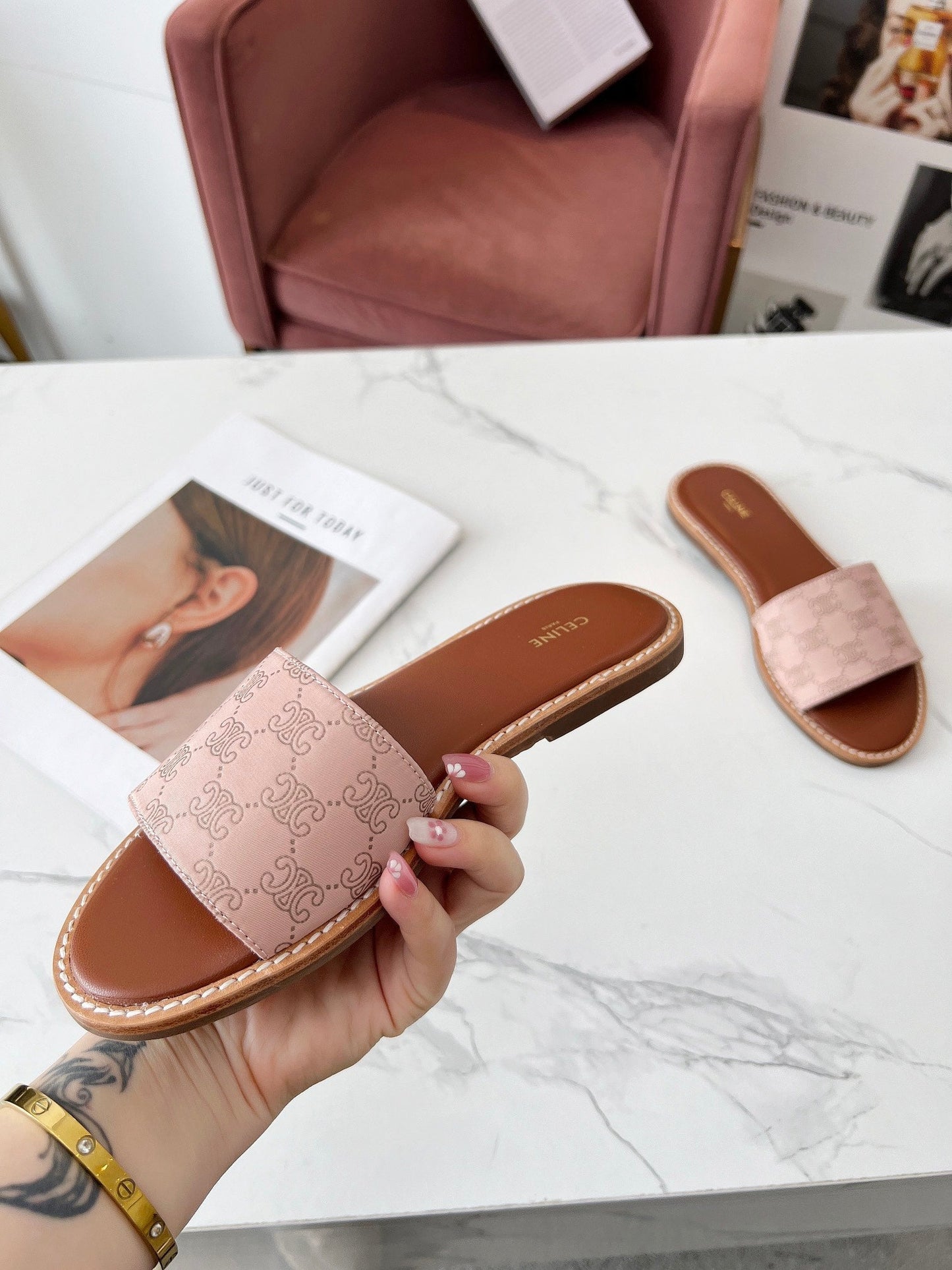 Celine Celine 25C Slippers Pink Pastel Monagram Silk with Calfskin 238146
