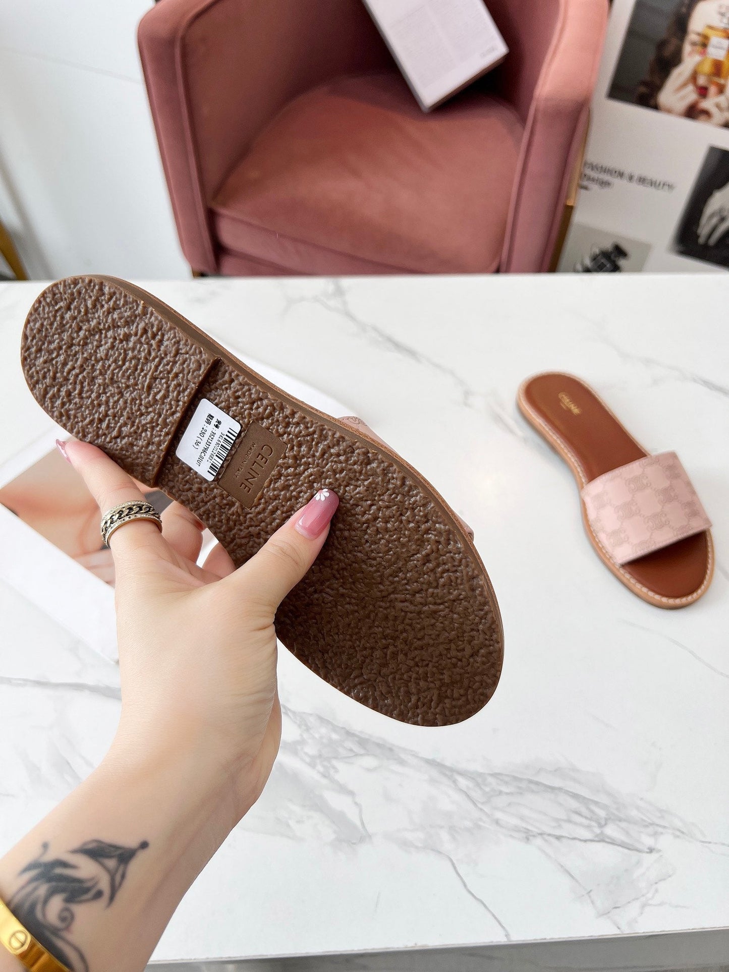 Celine Celine 25C Slippers Pink Pastel Monagram Silk with Calfskin 238146