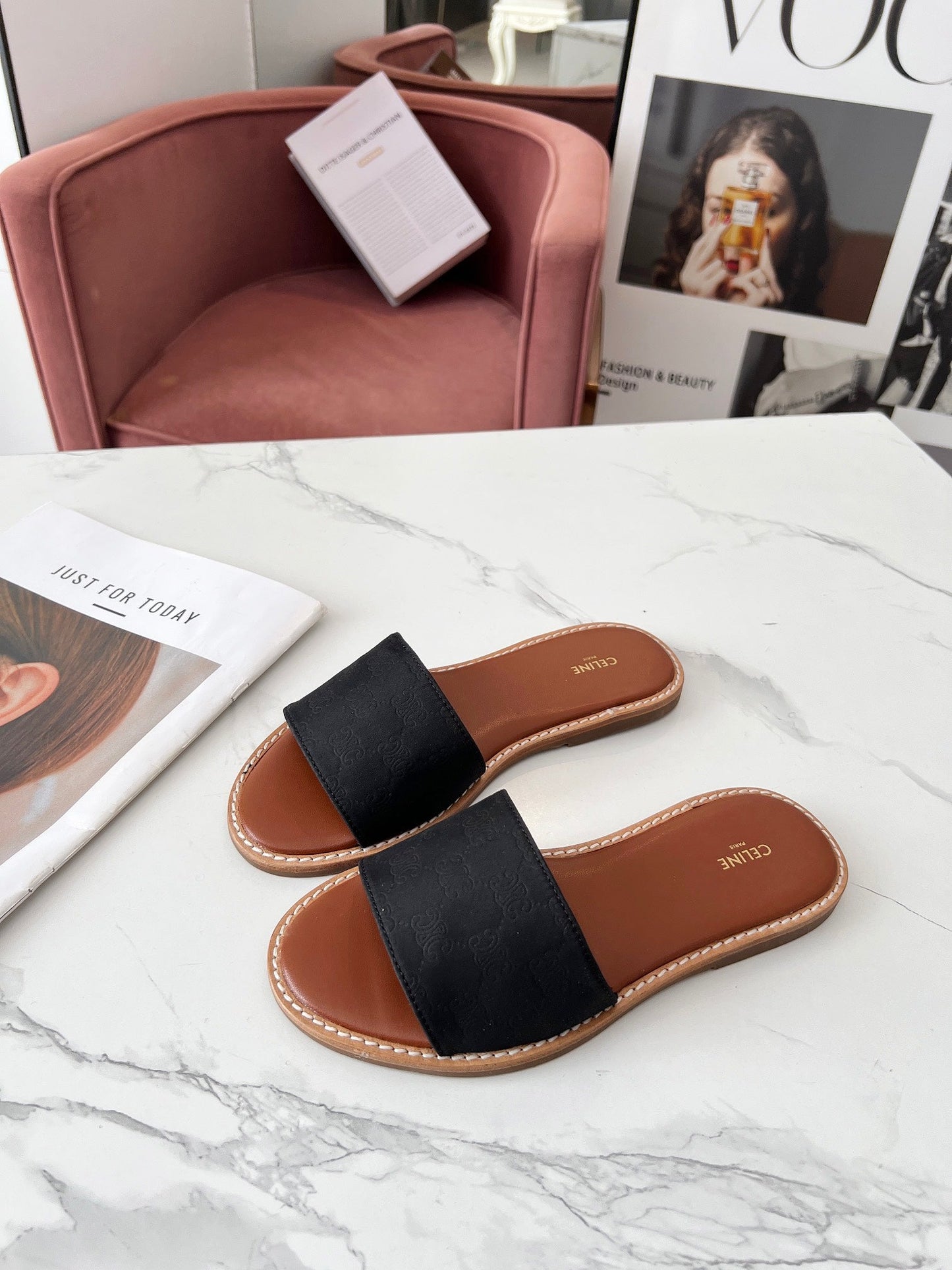 Celine Celine 25C Slippers Black Monagram Silk with Calfskin 238147