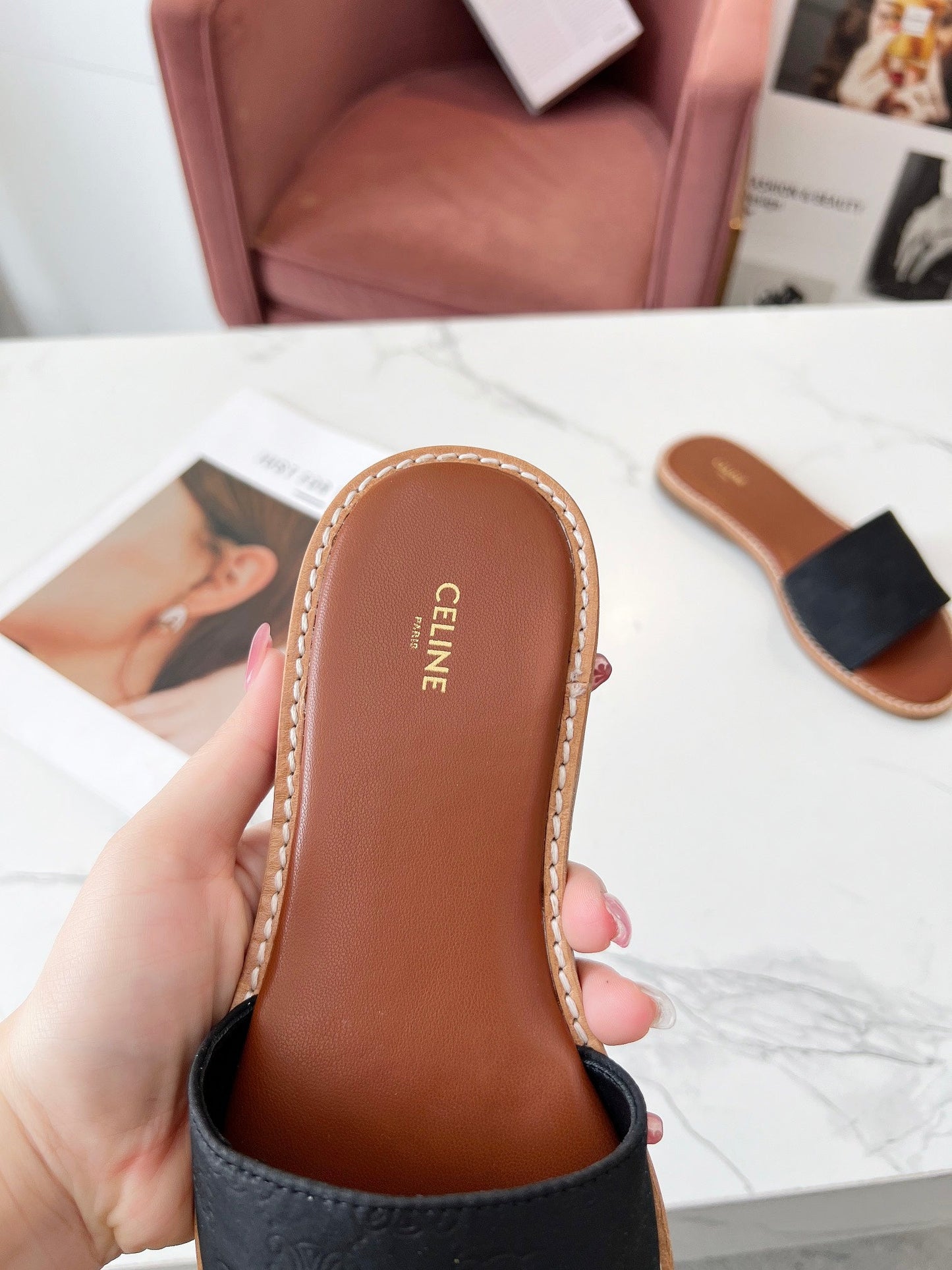 Celine Celine 25C Slippers Black Monagram Silk with Calfskin 238147