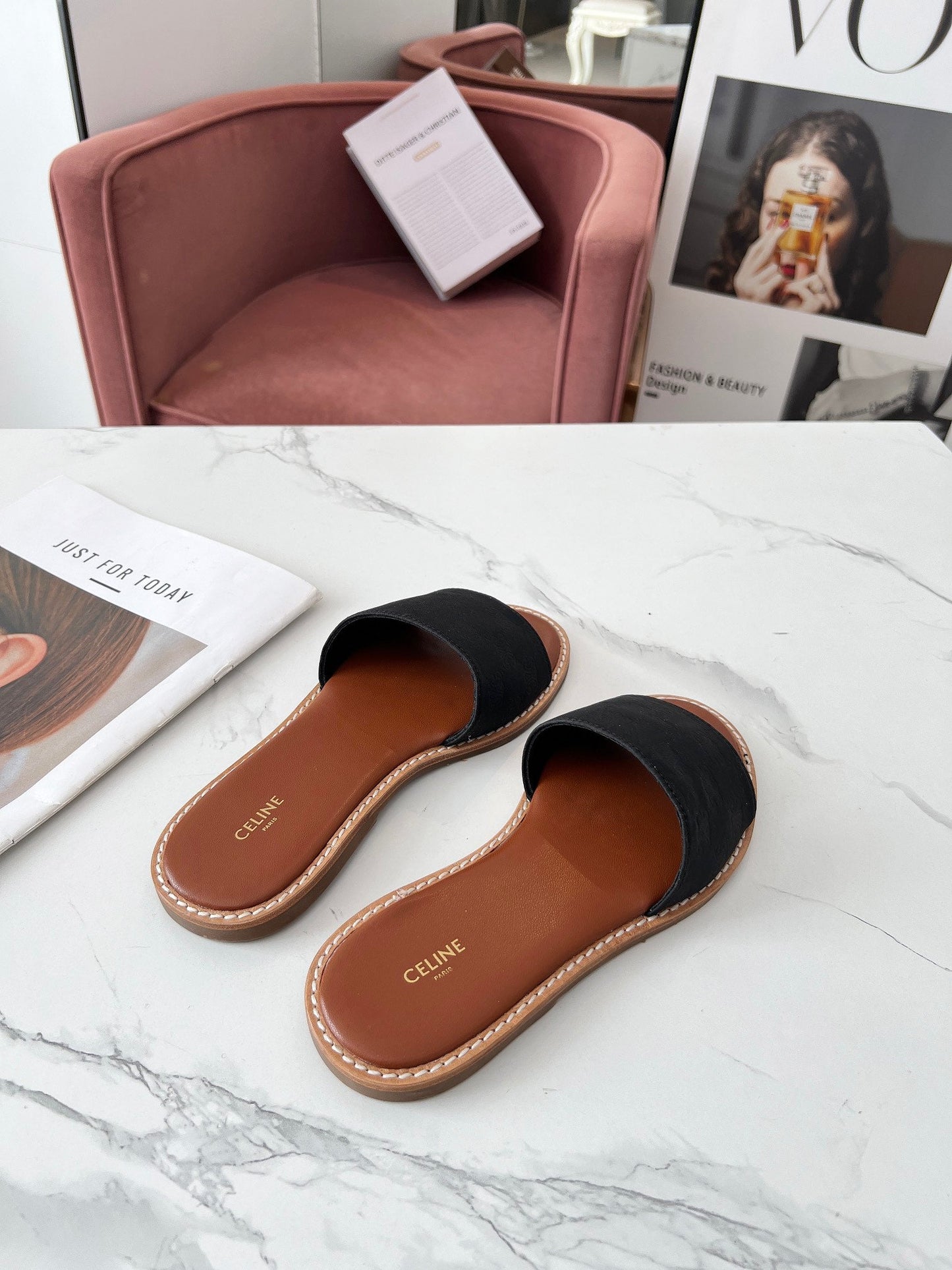 Celine Celine 25C Slippers Black Monagram Silk with Calfskin 238147