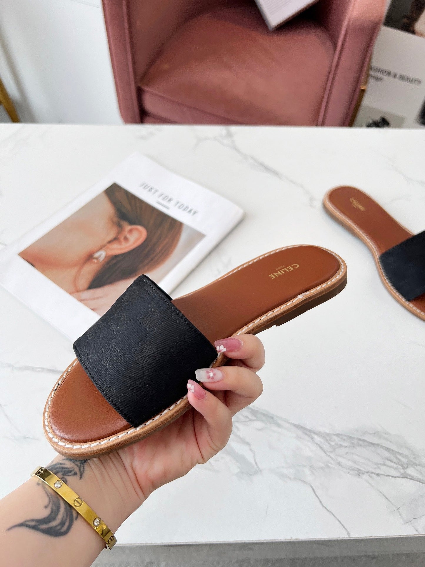 Celine Celine 25C Slippers Black Monagram Silk with Calfskin 238147
